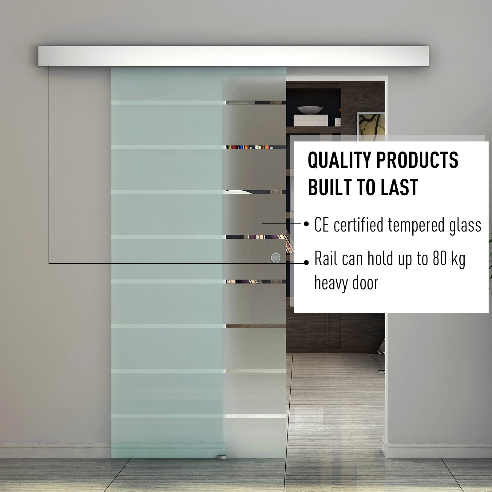 HOMCOM 90cm Sliding Glass Door Set Include Hardware Track Kit, Frosted Tempered Glass with Stripe Pattern, Round Handle
