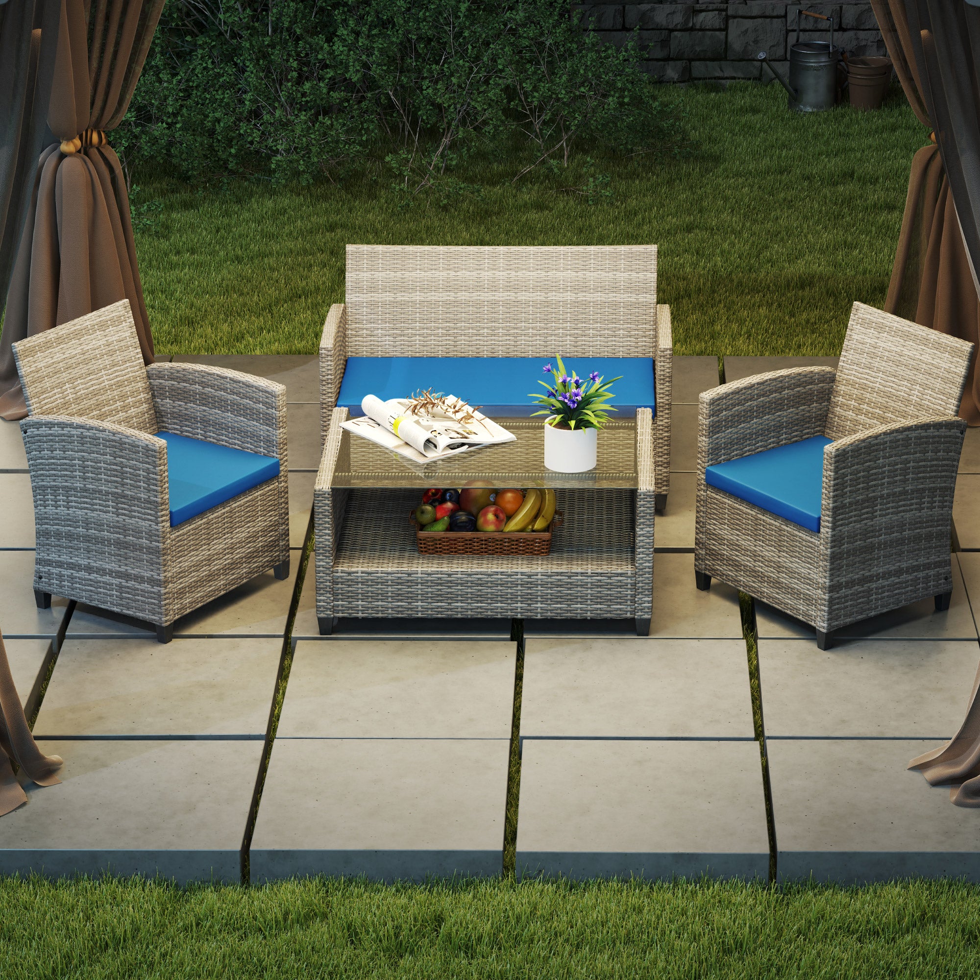 Outsunny Outdoor Seat Cushion Pads for Rattan Furniture, 3 PCs Garden Furniture Cushions, Sky Blue