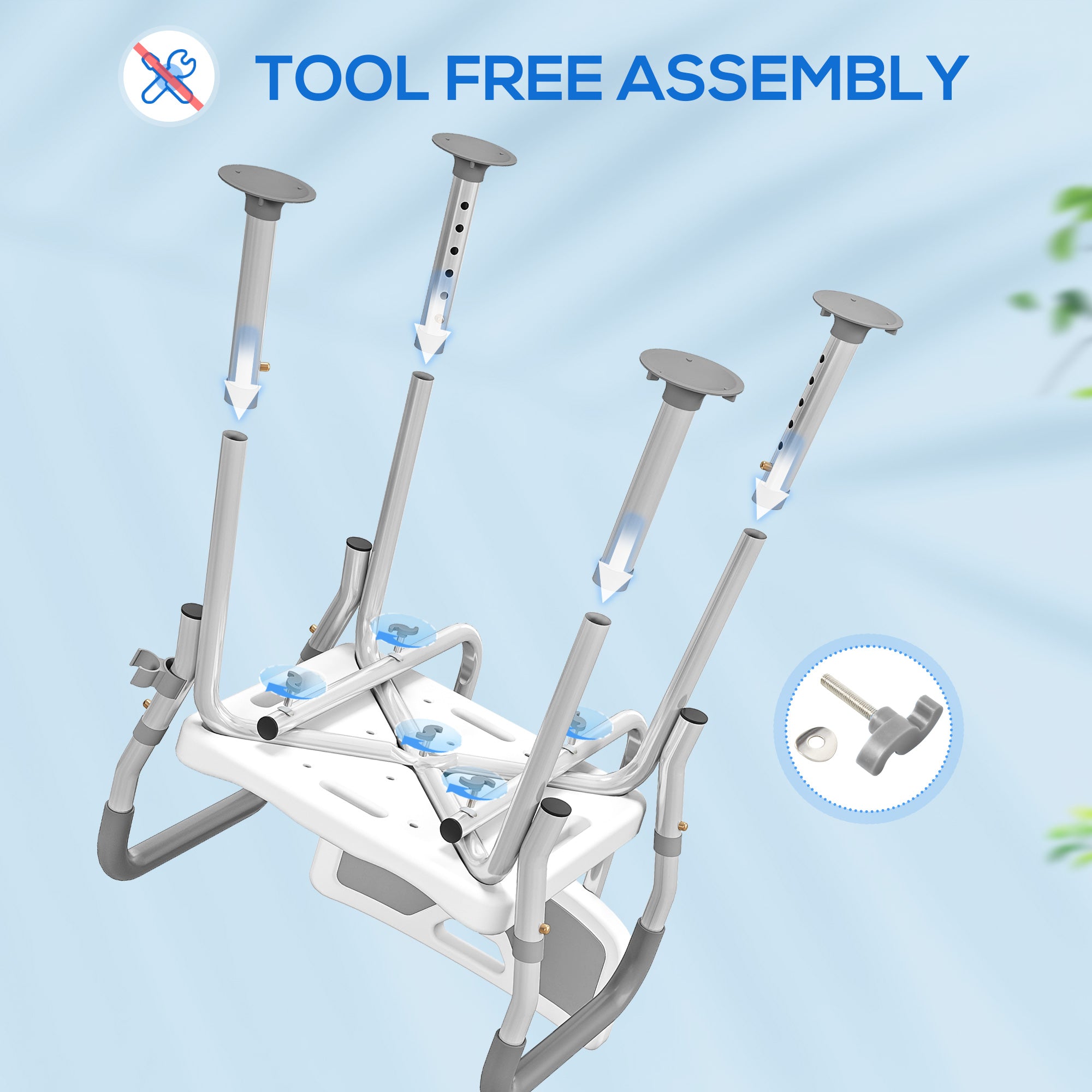 HOMCOM EVA Padded Shower Chair for the Elderly and Disabled, Height Adjustable Shower Stool with Back and Arms, 4 Suction Foot Pads, Light Grey