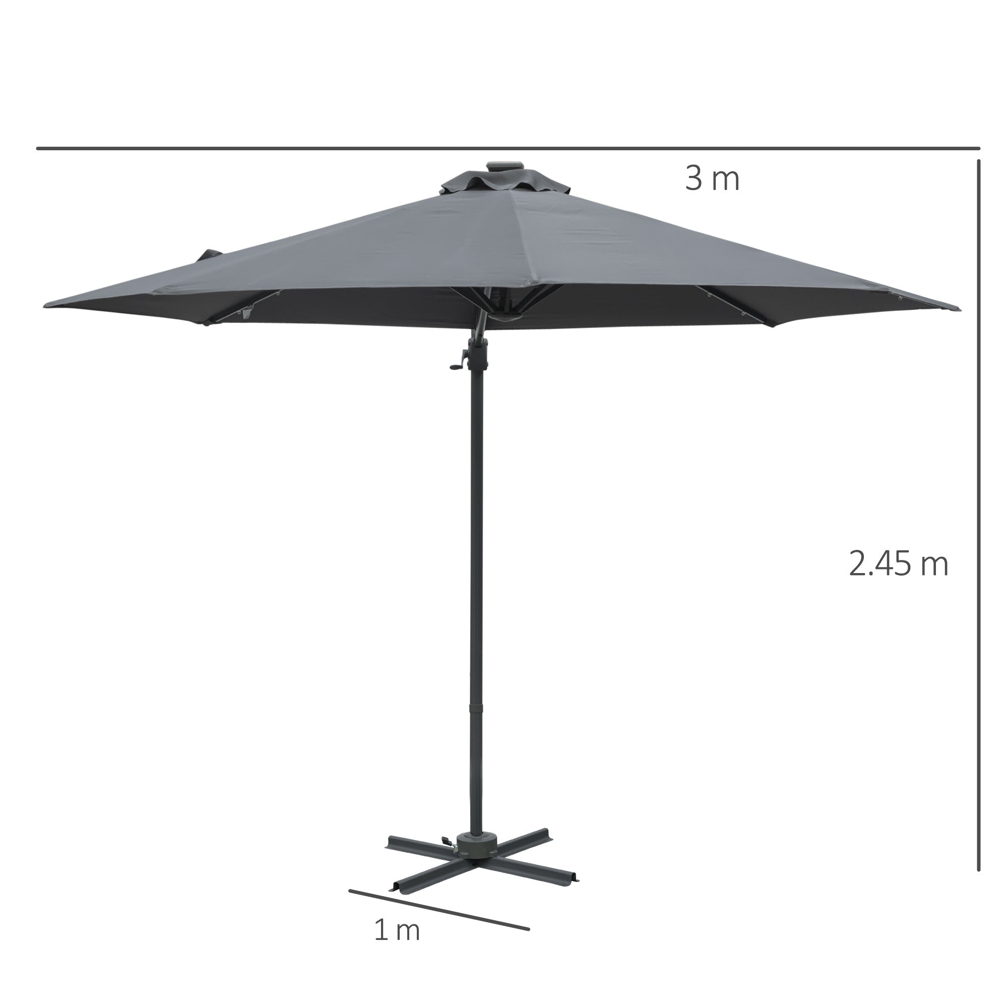 Outsunny 3(m) Cantilever Roma Parasol Patio Sun Umbrella with Crank & Tilt LED Solar Light Cross Base 360\'c2\'b0 Rotating Outdoor, Dark Grey