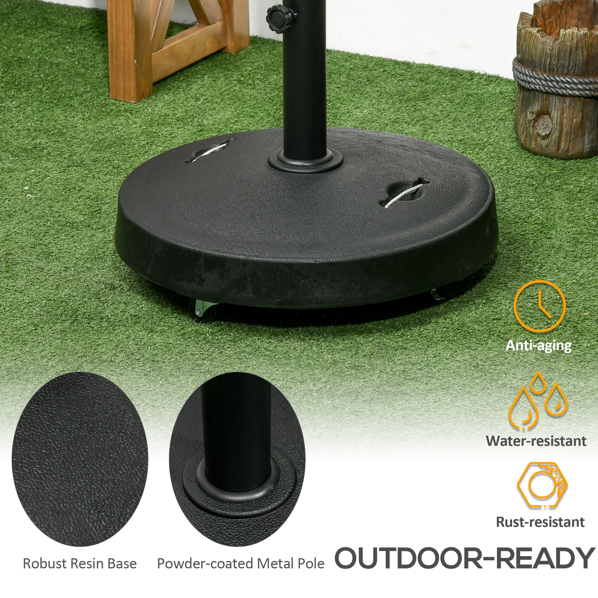 Outsunny 23.5kg Resin Garden Parasol Base with Wheels and Retractable Handles, Round Outdoor Market Umbrella Stand Weight for Poles of \'ce\'a638mm to \'ce\'a648mm, Black
