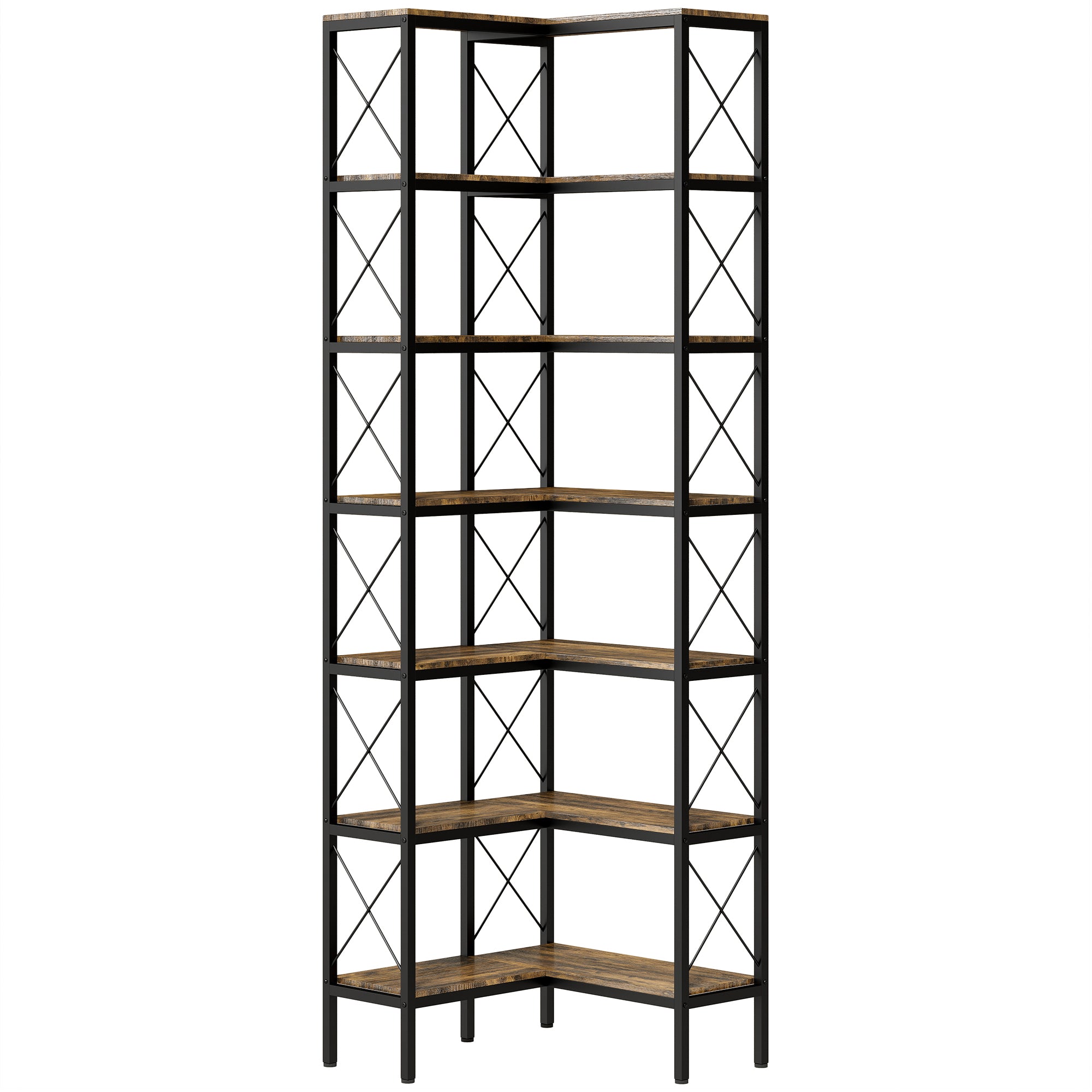 HOMCOM 6-Tier L-Shaped Bookshelf, Freestanding Corner Bookcase with Metal Frame, Rustic Brown