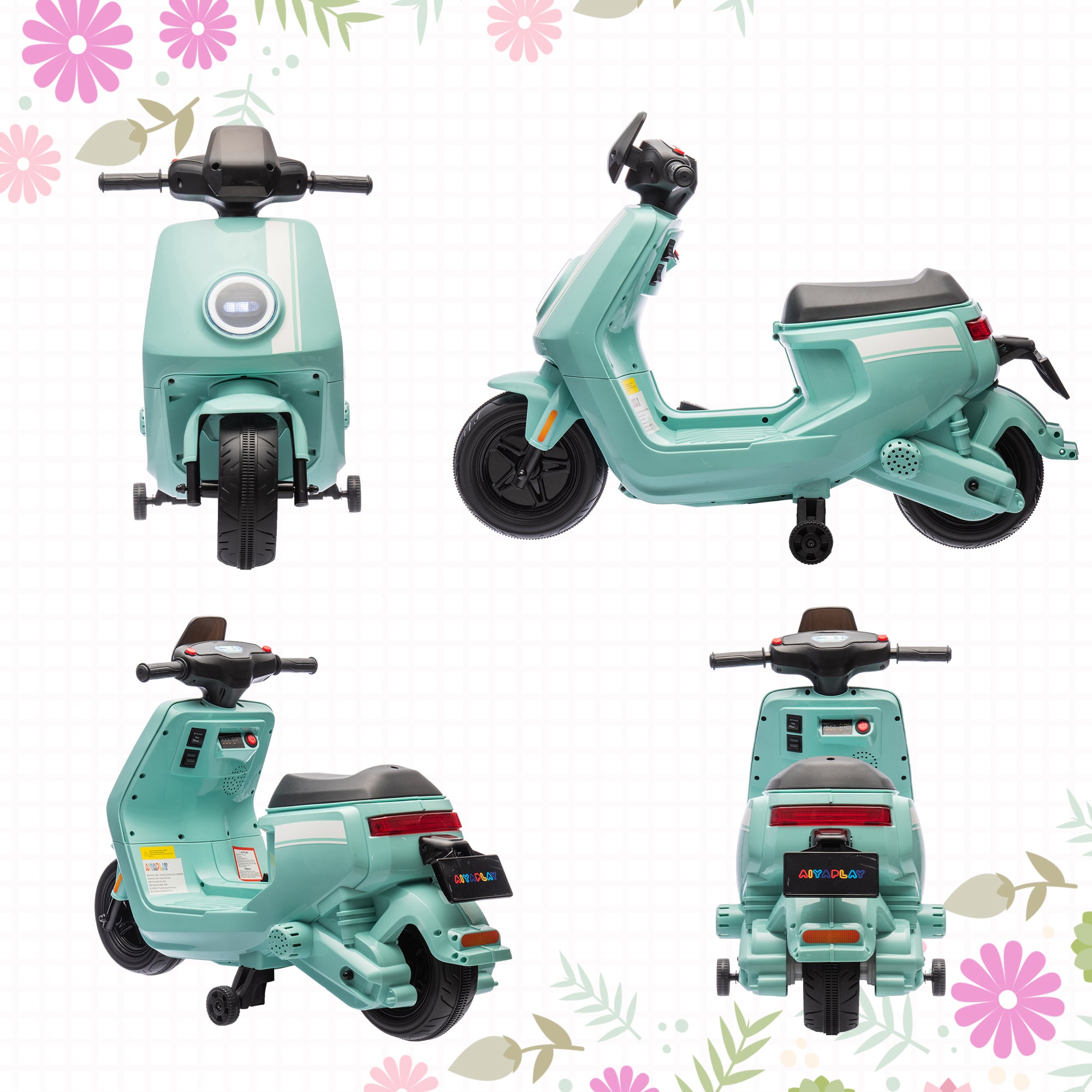 AIYAPLAY 6V Ride on Motorbike, Kids Electric Motorbike w/ Headlights, Music, Training Wheels, for Ages 18-36 Months, Green