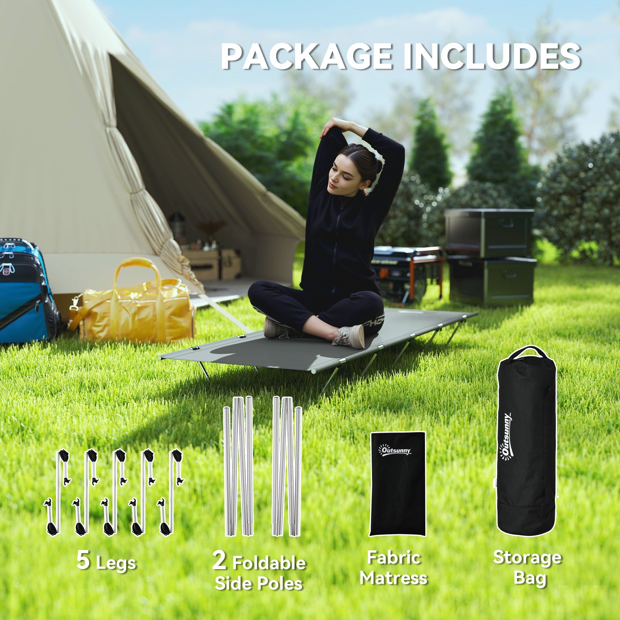 Outsunny Lightweight Camping Bed, Aluminium Portable Camp Cot w/ Strong Support 150kg and Carry Bag for Camping, Dark Grey