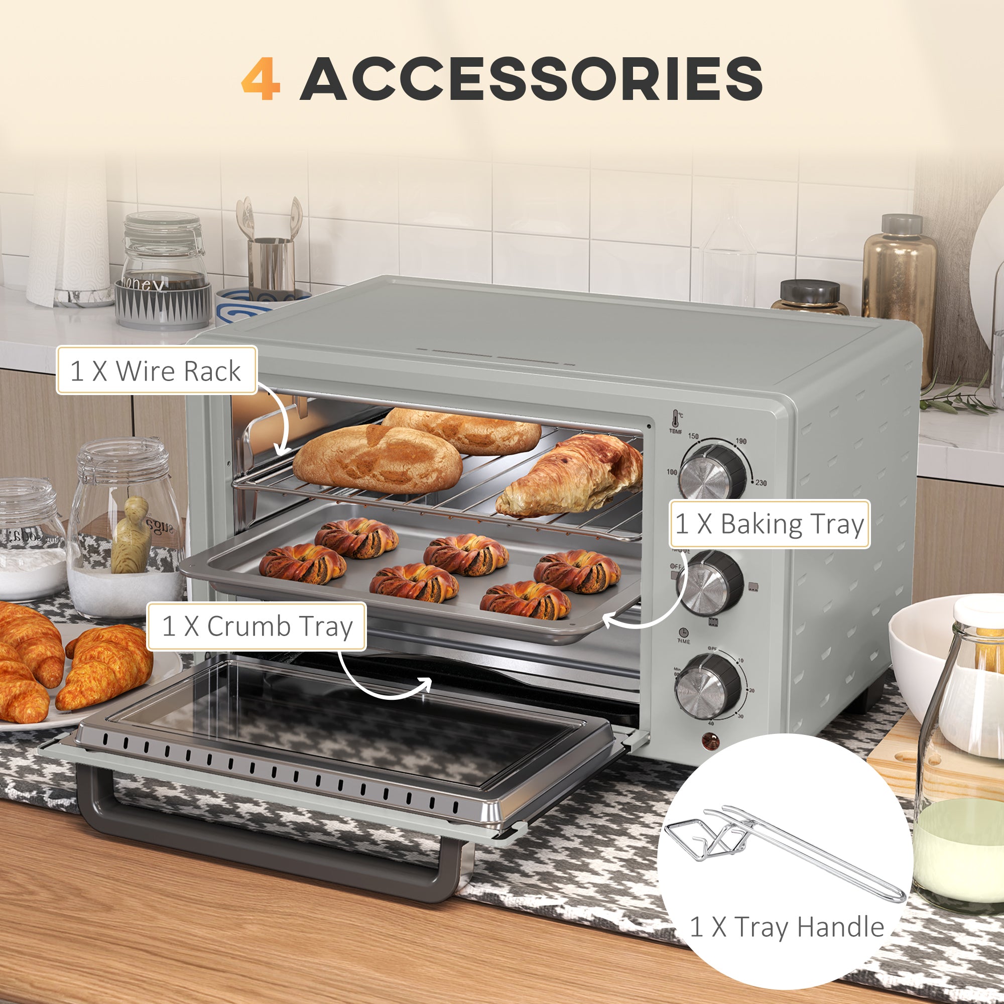 HOMCOM 21L Mini Countertop Oven, 100\'c2\'b0C-230\'c2\'b0C Adjustable Temp - Silver Tone
