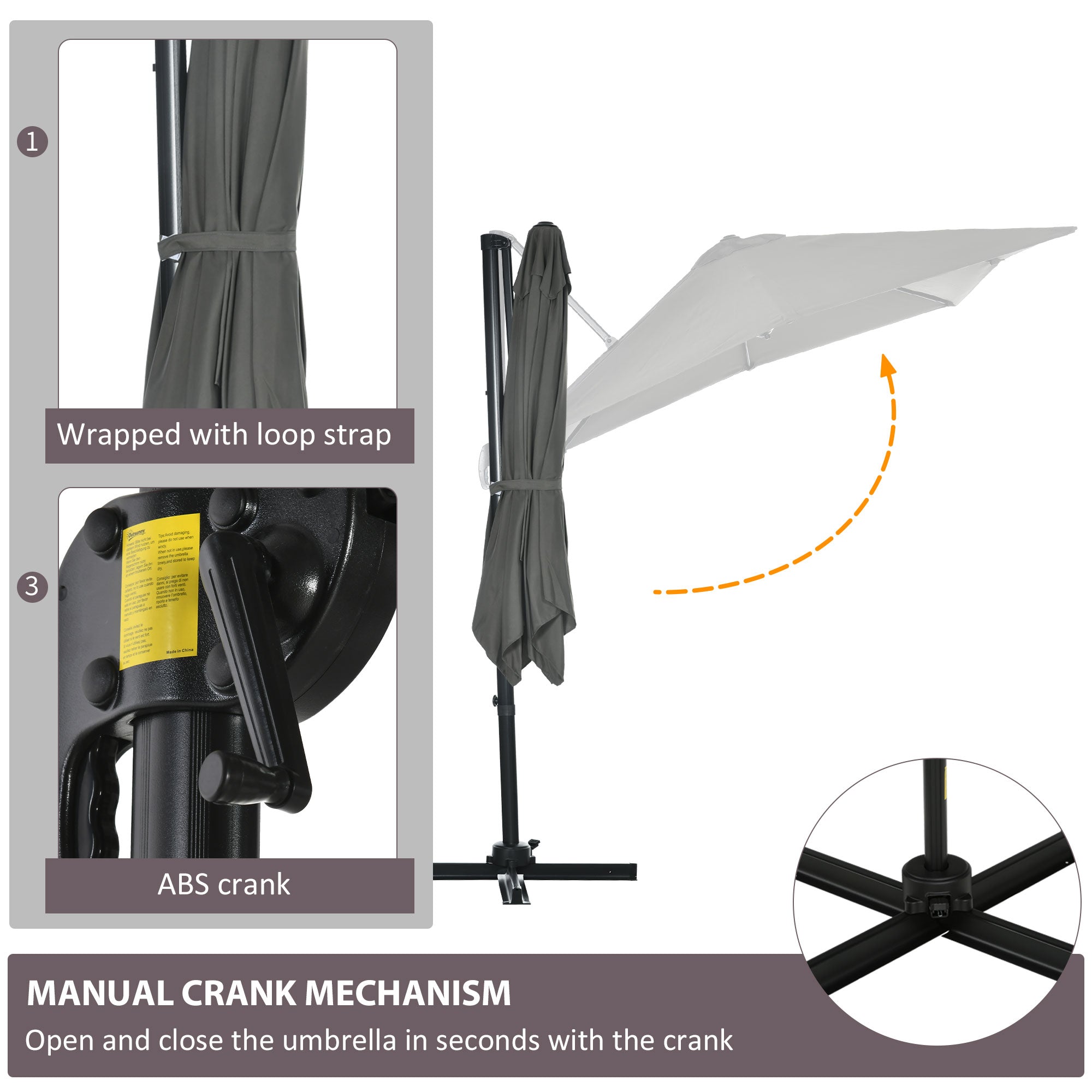 Outsunny 2.5 x 2.5m Patio Offset Parasol Umbrella Cantilever Hanging Aluminium Sun Shade Canopy Shelter 360\'c2\'b0 Rotation with Crank Handle and Cross Base, Grey