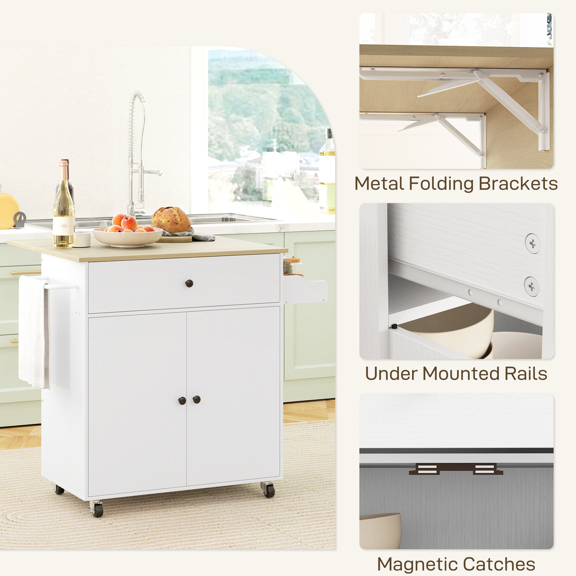 HOMCOM Rolling Kitchen Island with Drop Leaf, Kitchen Storage Cart with Drawer, Spice Rack and Towel Rack, White