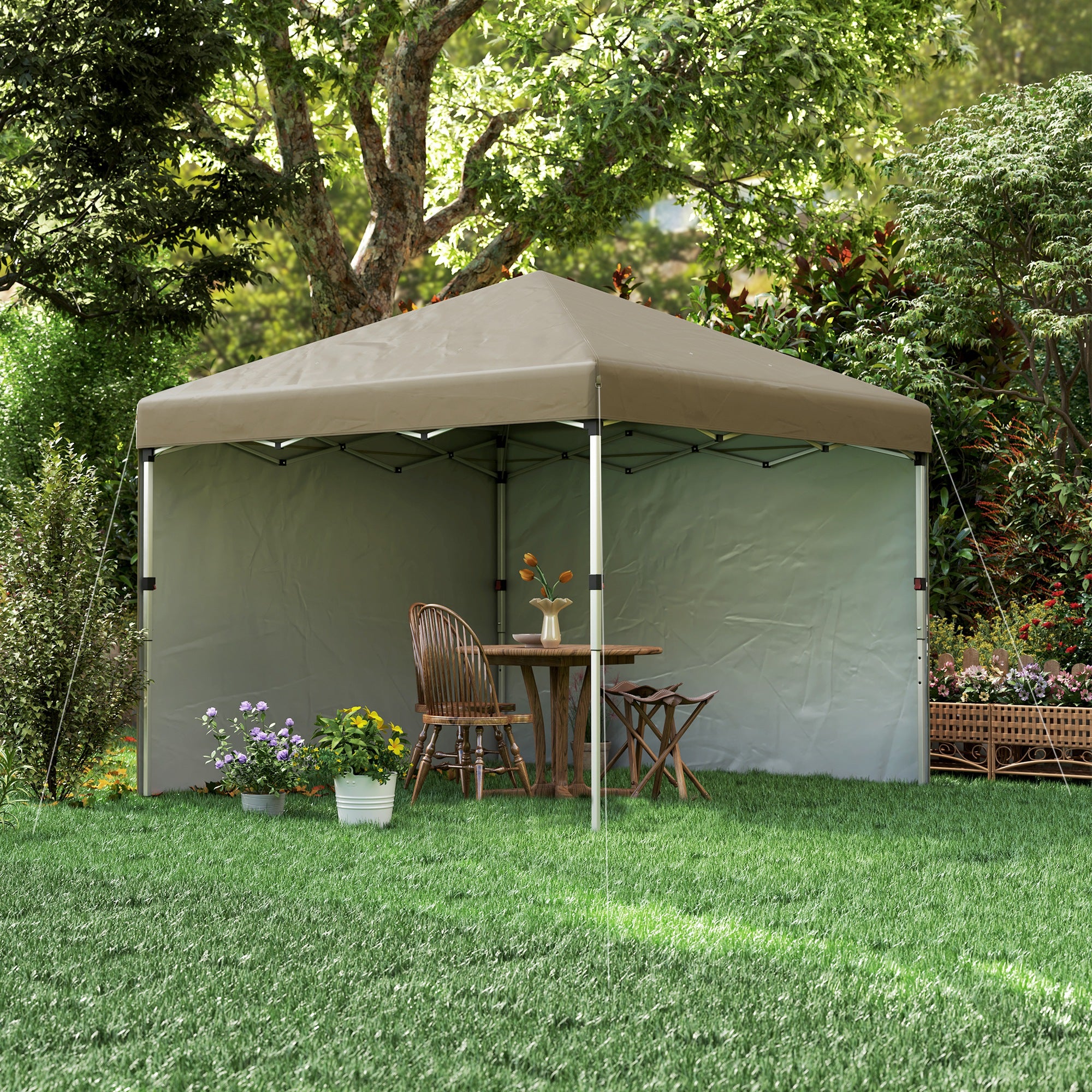 Outsunny 3 x 3 (M) Pop Up Gazebo, UPF 30+ with 2 Sidewalls, Leg Weight Bags and Wheeled Bag, Height Adjustable Party Tent Event Shelter for Garden, Patio, Khaki