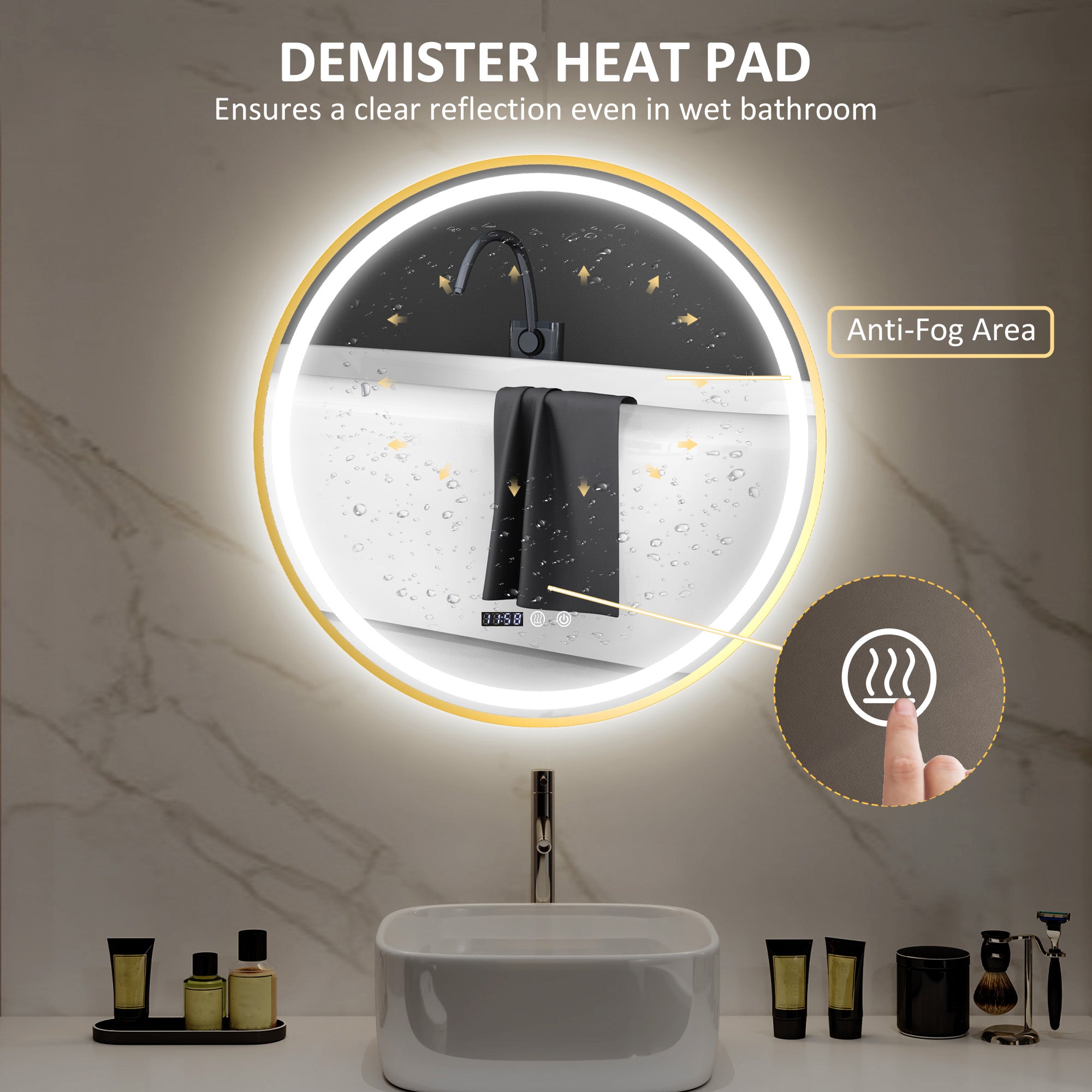 HOMCOM 60cm Anti-Fog LED Bathroom Mirror - Gold Tone
