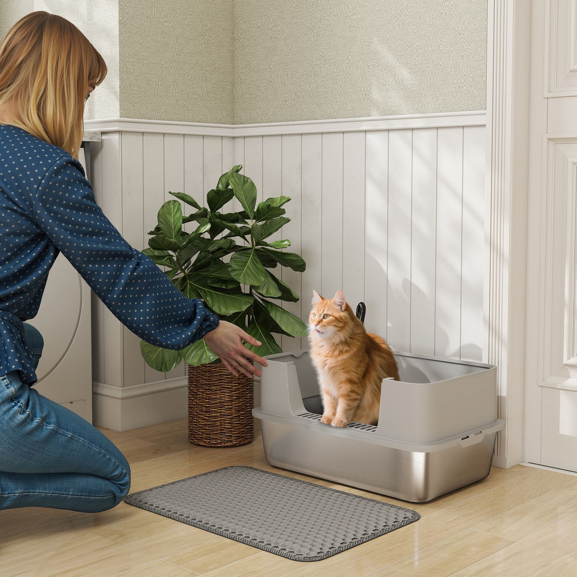 PawHut High Sided Stainless Steel Litter Box, Metal Cat Litter Tray with Metal Scoop, Litter Mat, Never Absorbs Odors, Grey