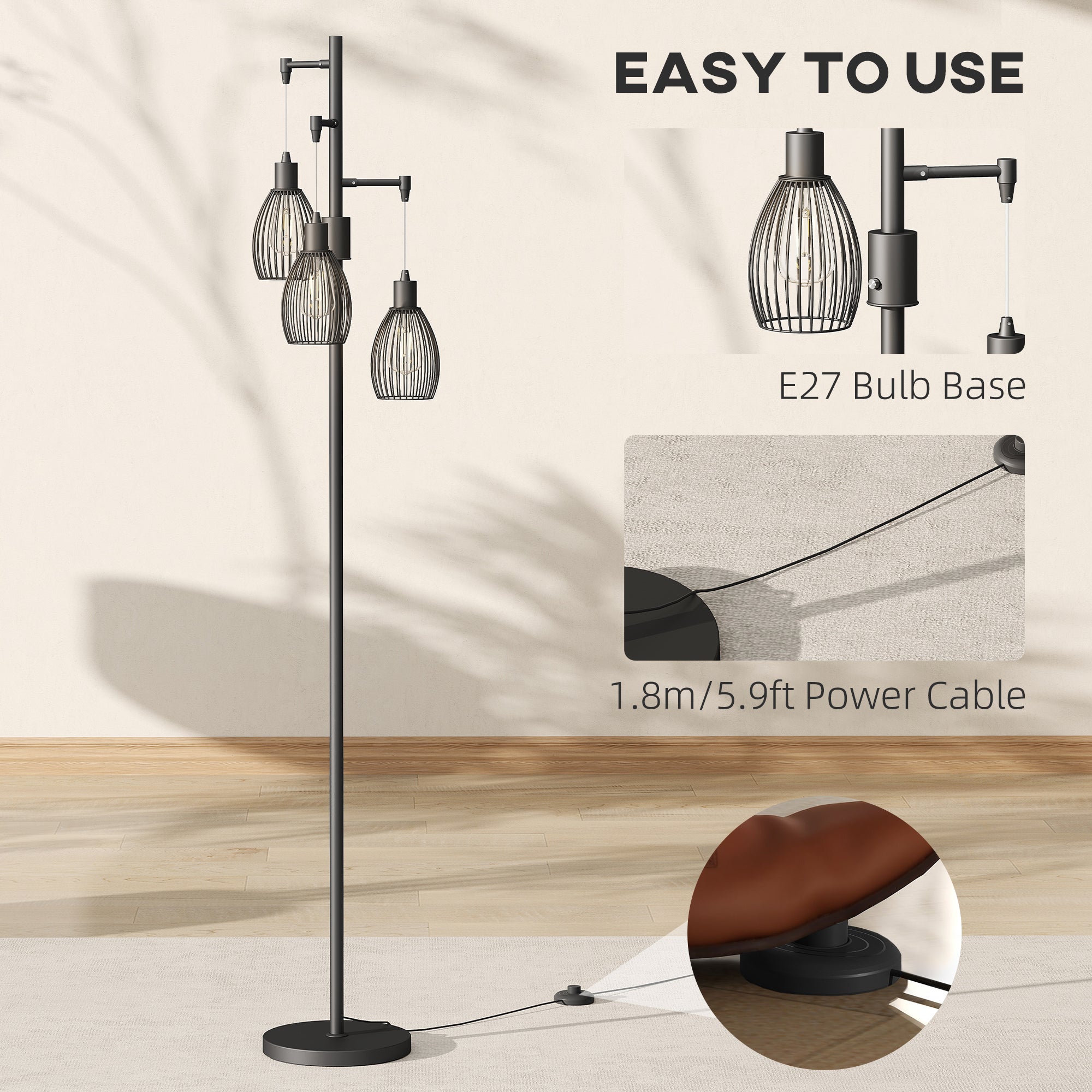 HOMCOM 3-Light LED Floor Lamp, 170cm Industrial Dimmable Standing Lamp with Steel Wire Cage Lampshades, 2700K for Living Room, Bedroom, Dining Room, Study, Black