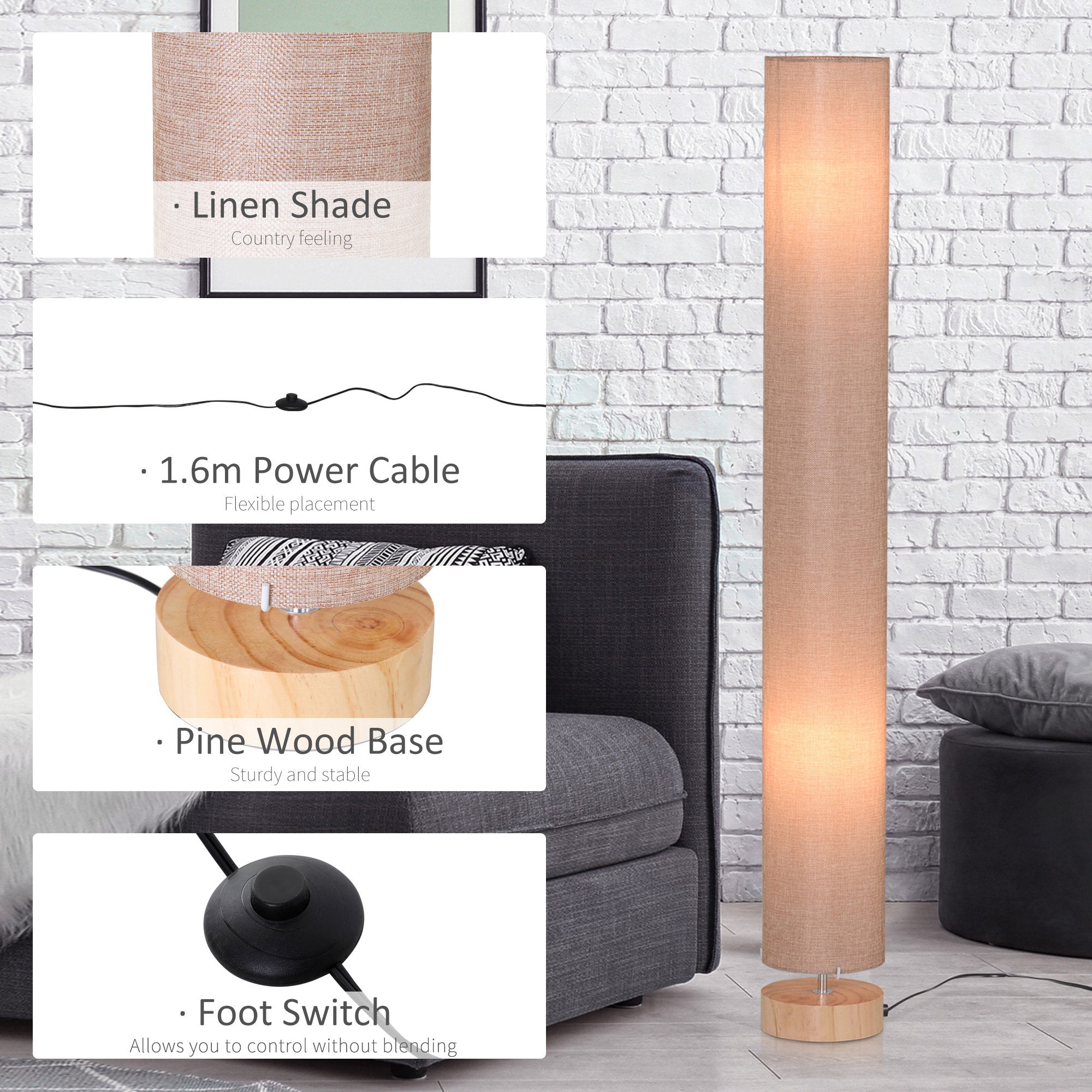 HOMCOM 47-Inch Modern Wooden Floor Lamp for Bedroom, Study or Living Space with Fabric Linen Shade (Beige) 120 CM