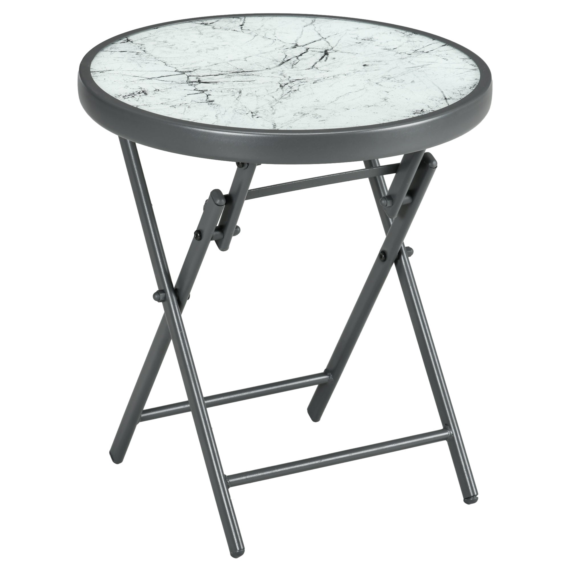 Outsunny \'ce\'a645cm Garden Side Table, Outdoor Round Folding Patio Table with Imitation Marble Glass Top, Small Coffee Table, White