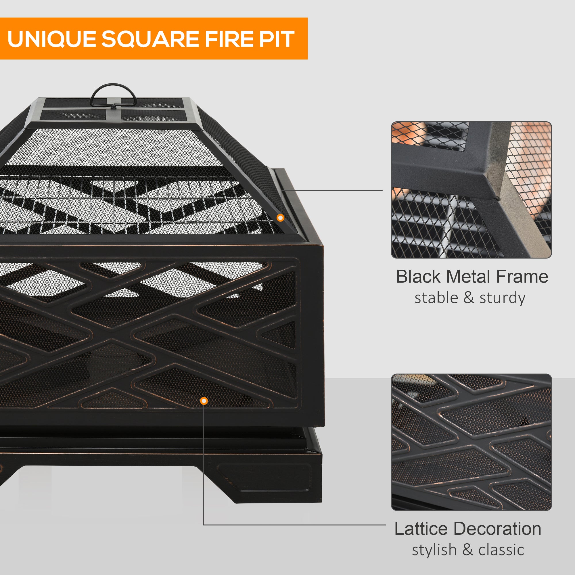 Outsunny Metal Firepit Outdoor 2 in 1 Square Fire Pit Brazier w/ Grill Shelf, Lid, Poker for Backyard, Camping, BBQ, Bonfire, Wood Burning Stove, 66 x 66 x 66cm, Black