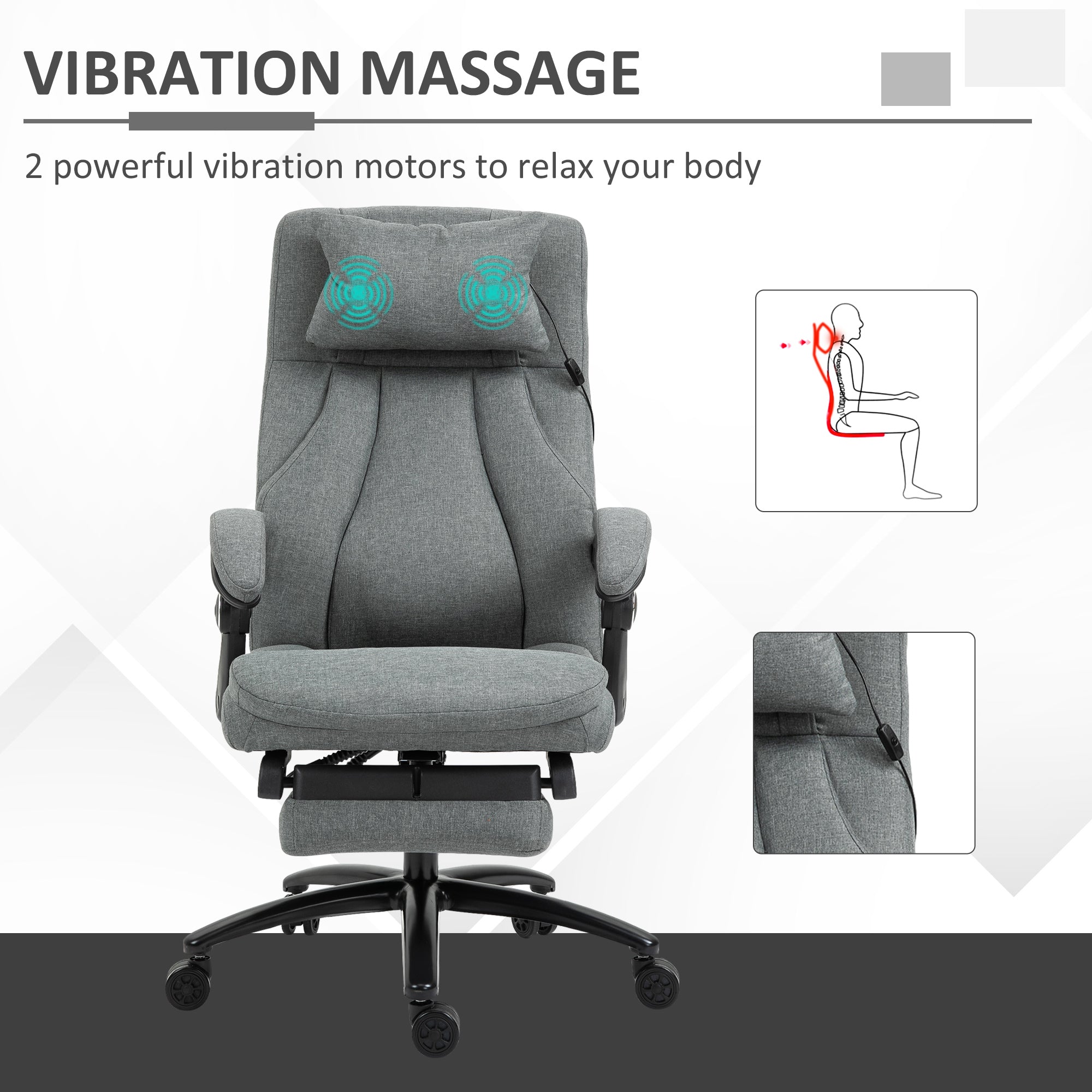 Vinsetto Office Chair, Fabric Desk Chair with Adjustable Massage Pillow, USB Power and Retractable Footrest, High Back, 360\'c2\'b0 Swivel, for Home, Grey