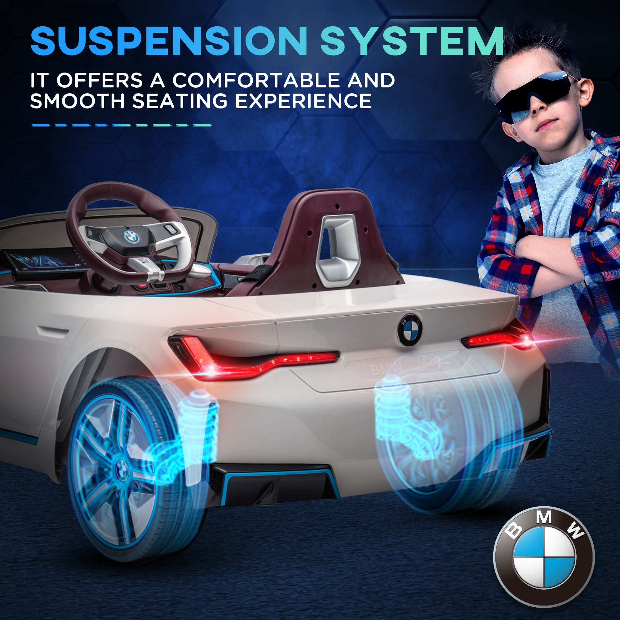 HOMCOM BMW i4 Licensed 12V Kids Electric Ride-On Car, White, red and light blue