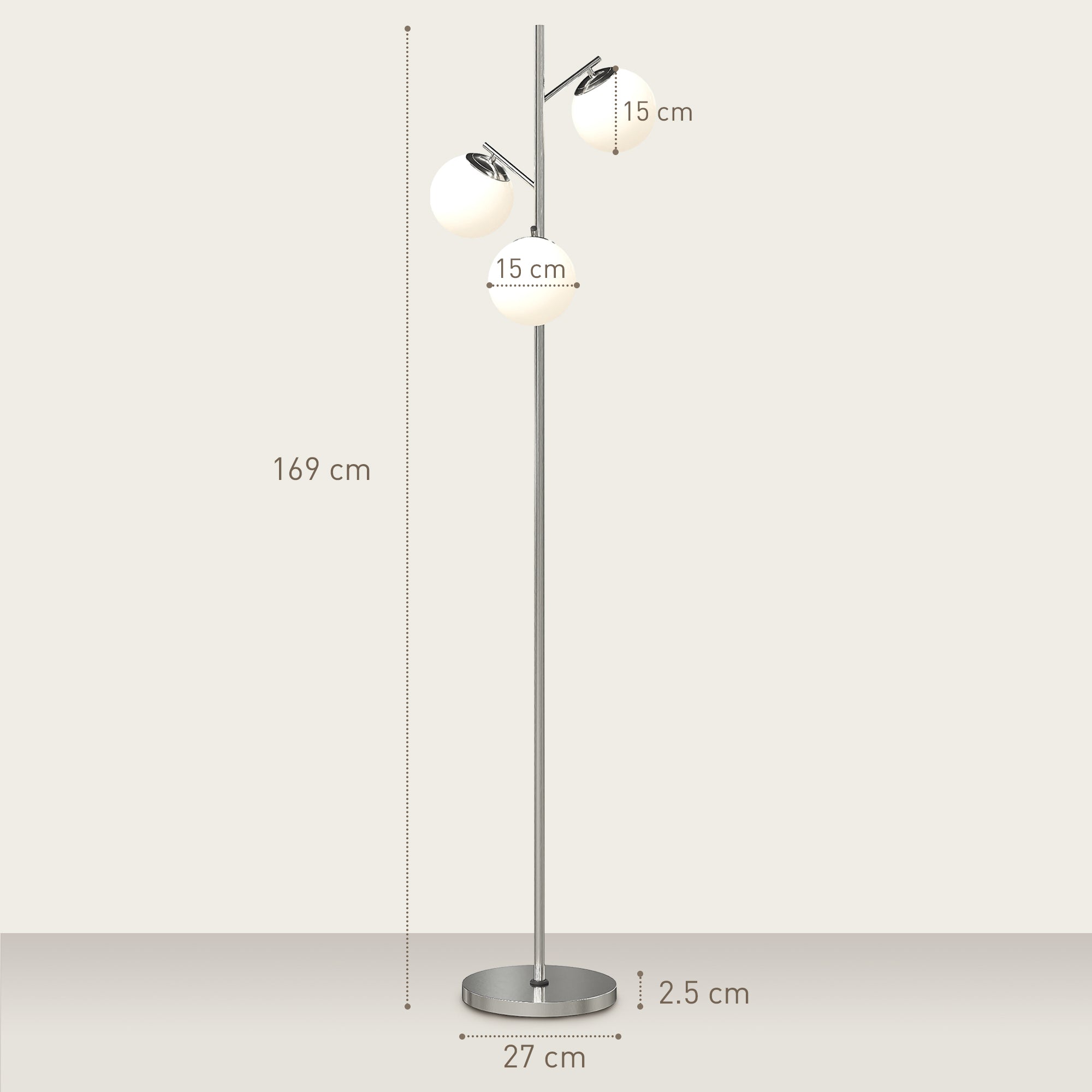 HOMCOM 3-Light Tree Floor Lamps for Living Room, Modern Standing Lamp for Bedroom with Globe Lampshade, 3000K/4000K/6000K Colour Temperatures, Steel Base, Silver Tone