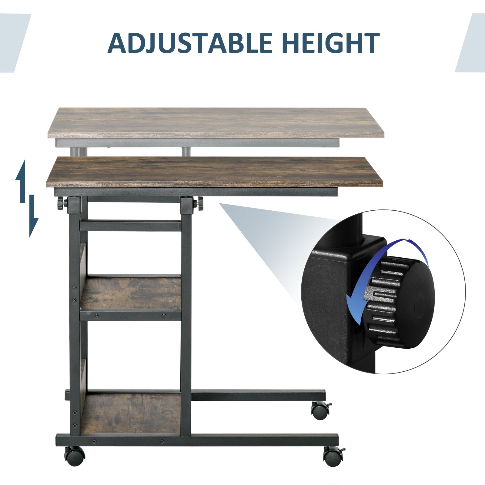 HOMCOM C-Shaped Side Table Industrial Mobile Rolling End Desk with 3-Tier Storage Shelving, Adjustable Height, Wheels
