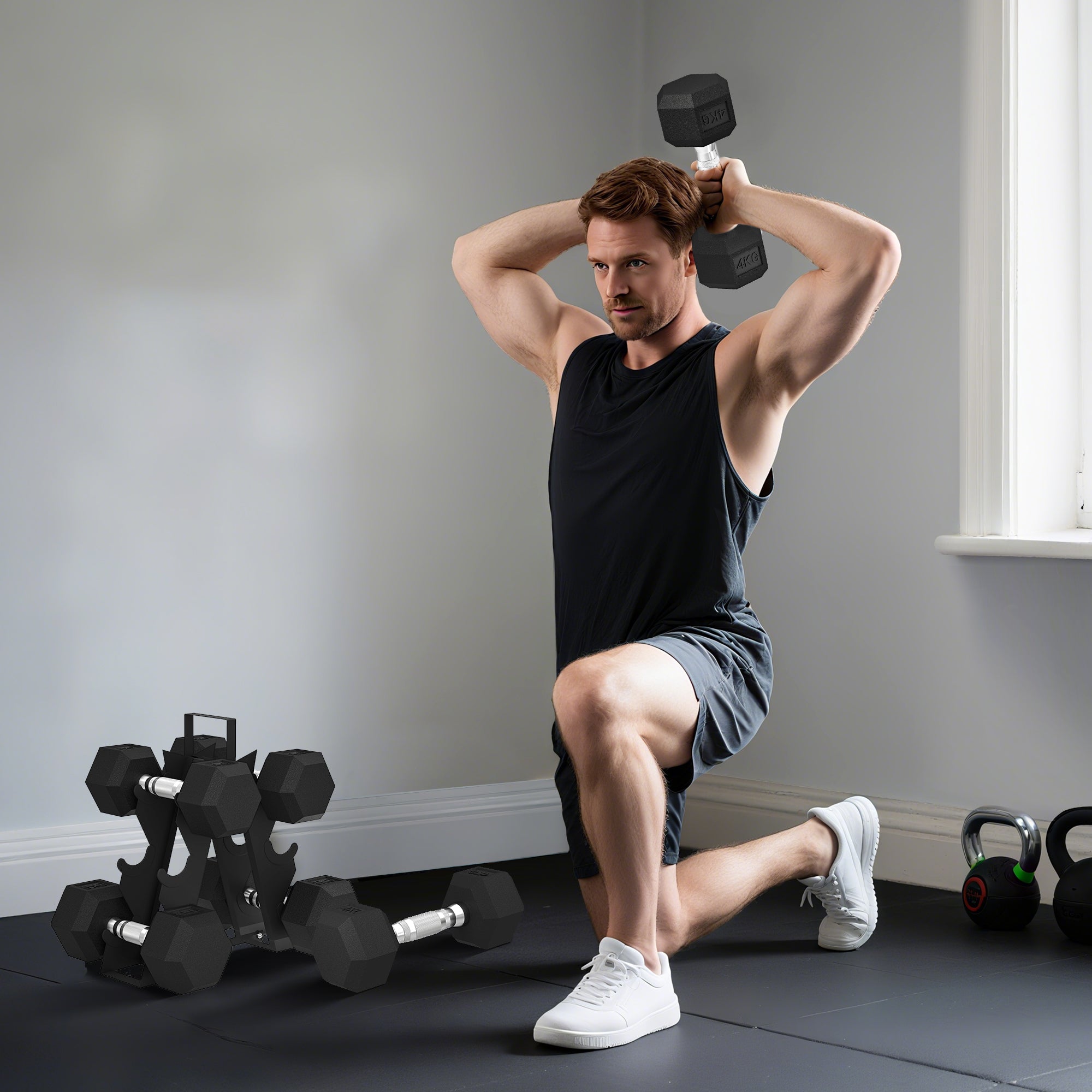 SPORTNOW Hex Dumbbell Set with Weights Storage Rack, Rubber Coated Dumbbells, Non-Slip Chrome Handles, Space-Saving for Home Gym Weight Lifting Strength Training, 2 x 2kg, 2 x 5kg, 2 x 8kg