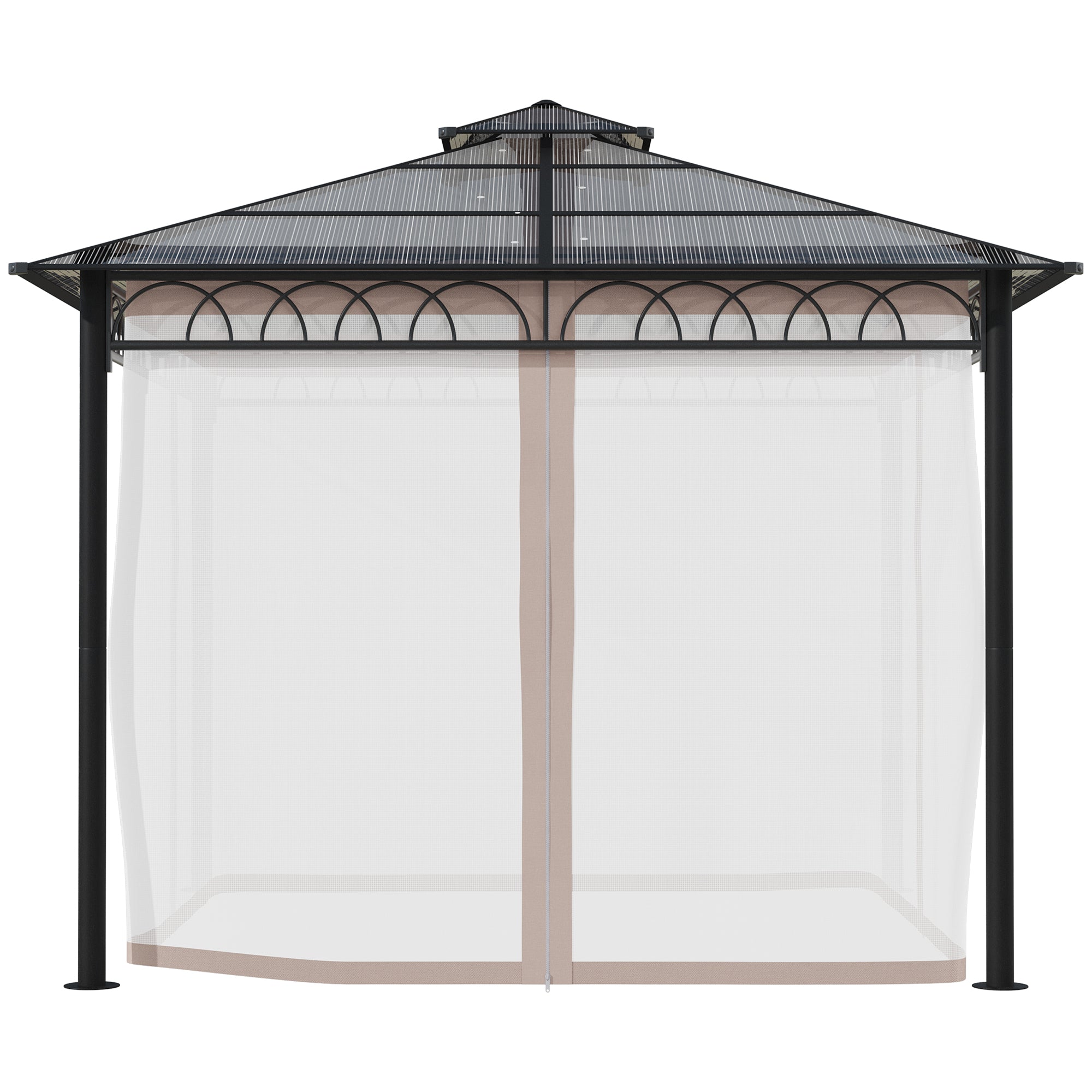 Outsunny 3 x 3 (m) Outdoor Polycarbonate Gazebo, Double\'c2\'a0Roof Hard Top Gazebo with\'c2\'a0Galvanised Steel Frame, Nettings\'c2\'a0&\'c2\'a0Curtains for Garden, Lawn, Patio and Deck, Khaki
