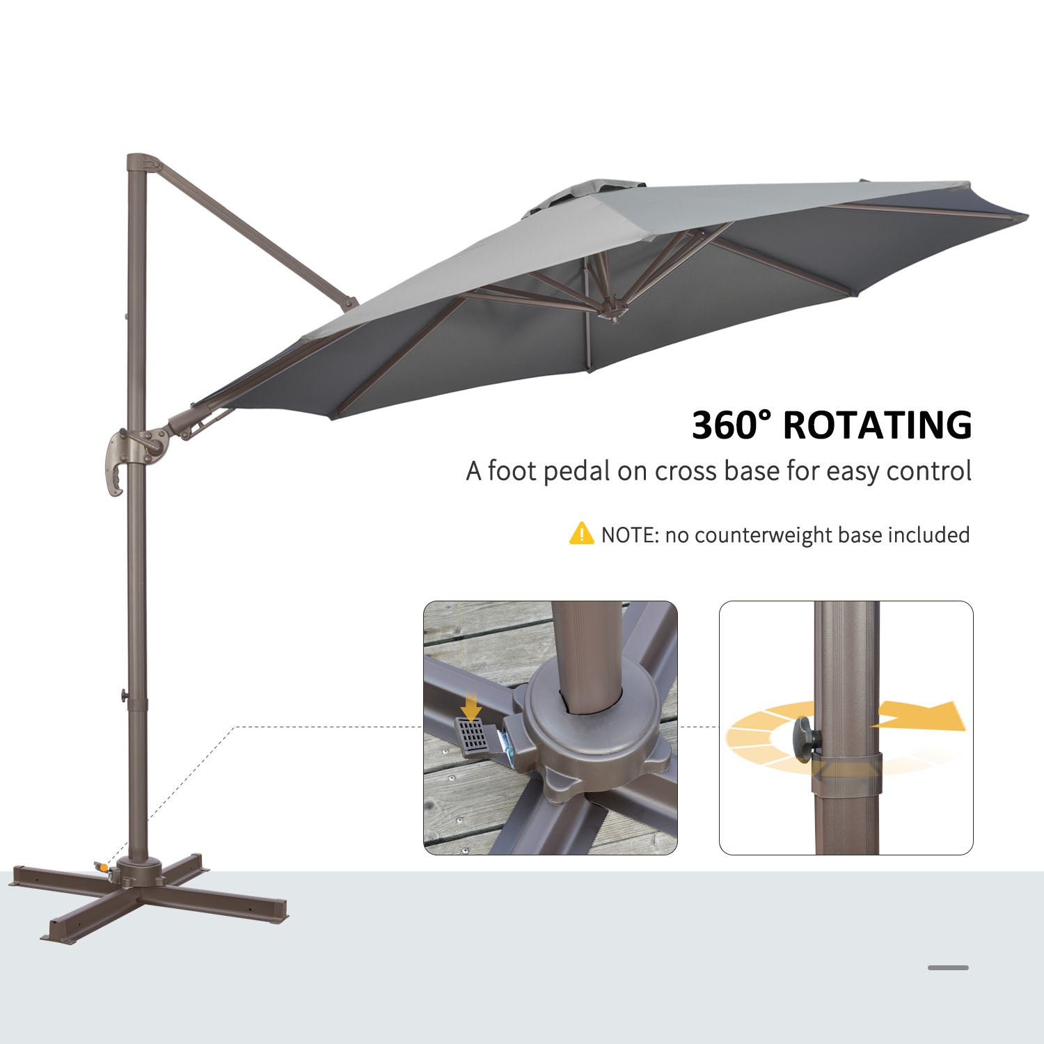 Outsunny 3(m) Cantilever Parasol 360\'c2\'b0 Rotation Roma Umbrella Hanging Sun Shade with Aluminium Frame, Tilt Crank, 8 Ribs and Cross Base, Dark Grey