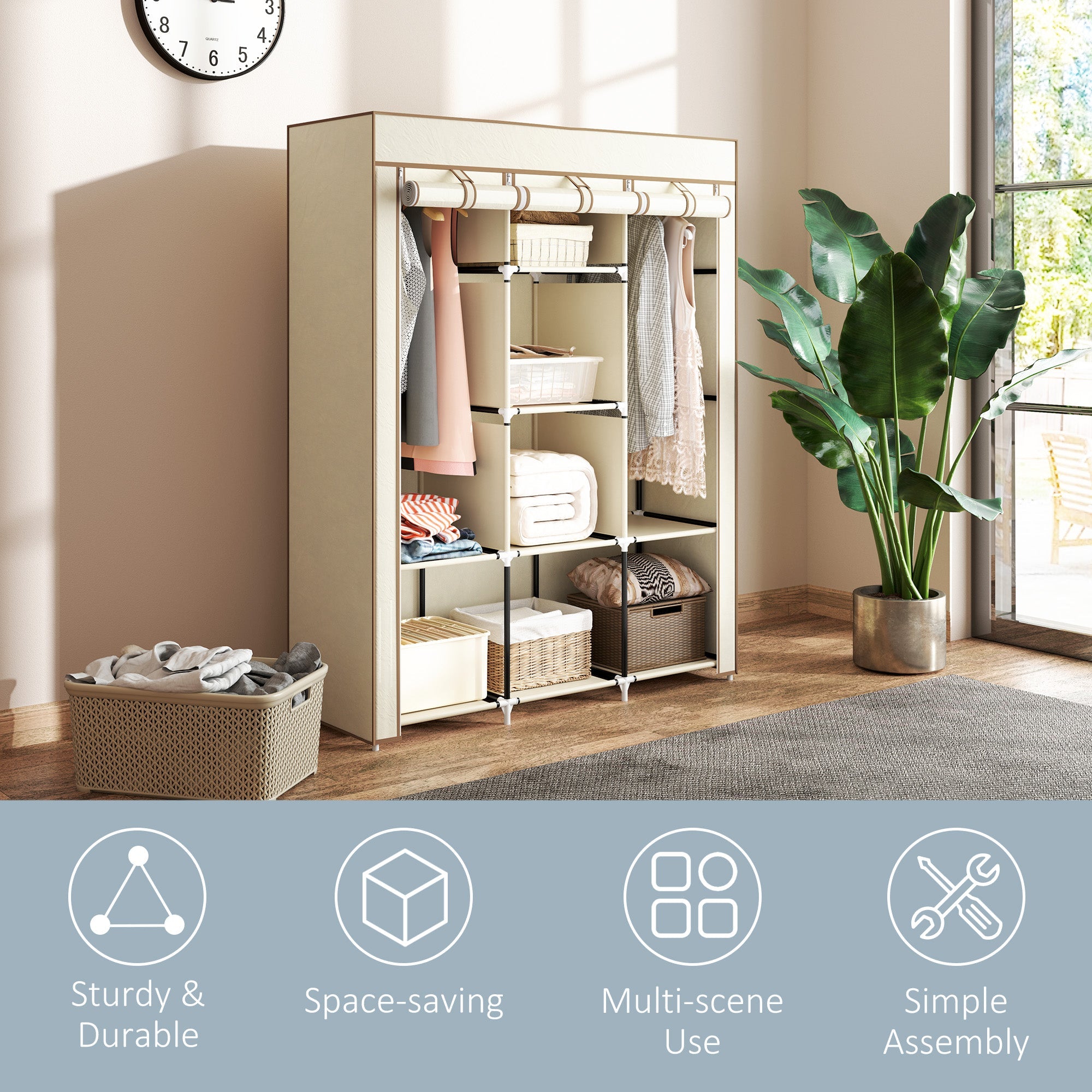 HOMCOM Fabric Wardrobe, Portable Wardrobe, Clothes Storage Unit with 8 Shelves, 2 Hanging Rods, 125 x 43 x 162.5 cm, Cream White