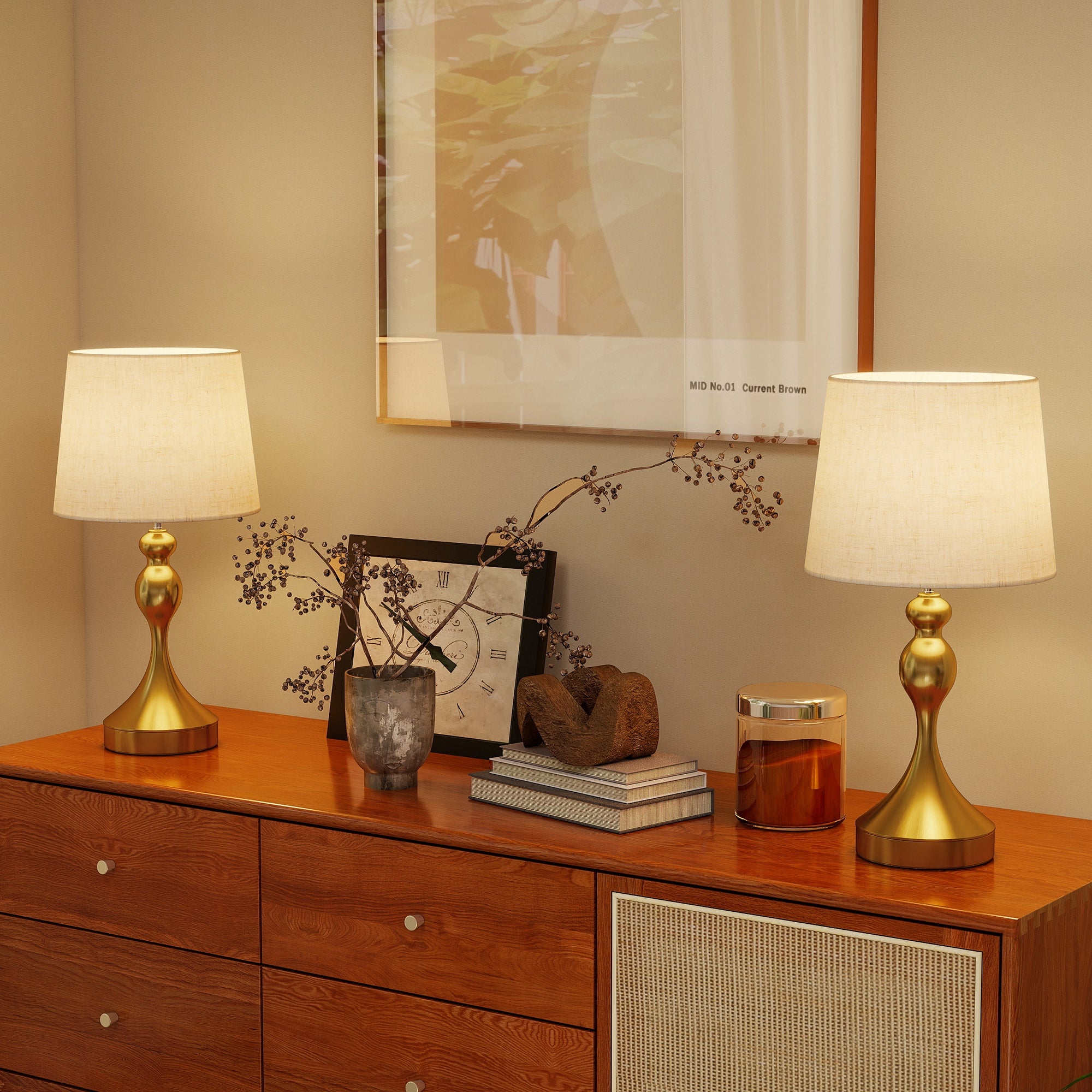 HOMCOM Dimmable Bedside Lamps Set of 2, Modern Table Lamps with 3 Colour Temperatures, USB A+C Charging Ports and Linen Shade for Living Room Bedroom Office, Gold Tone