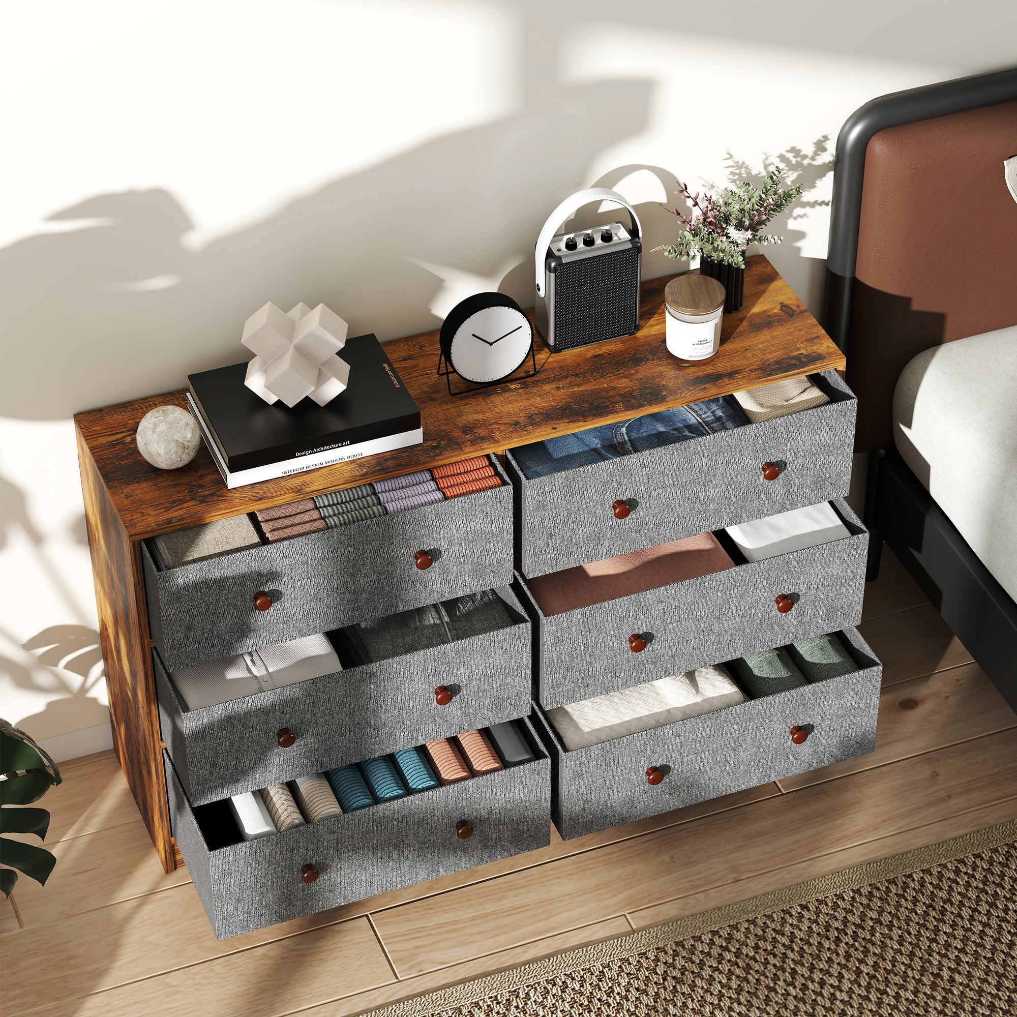 HOMCOM Chest of Drawers, Dresser with 6 Fabric Drawers - Grey and Rustic Brown