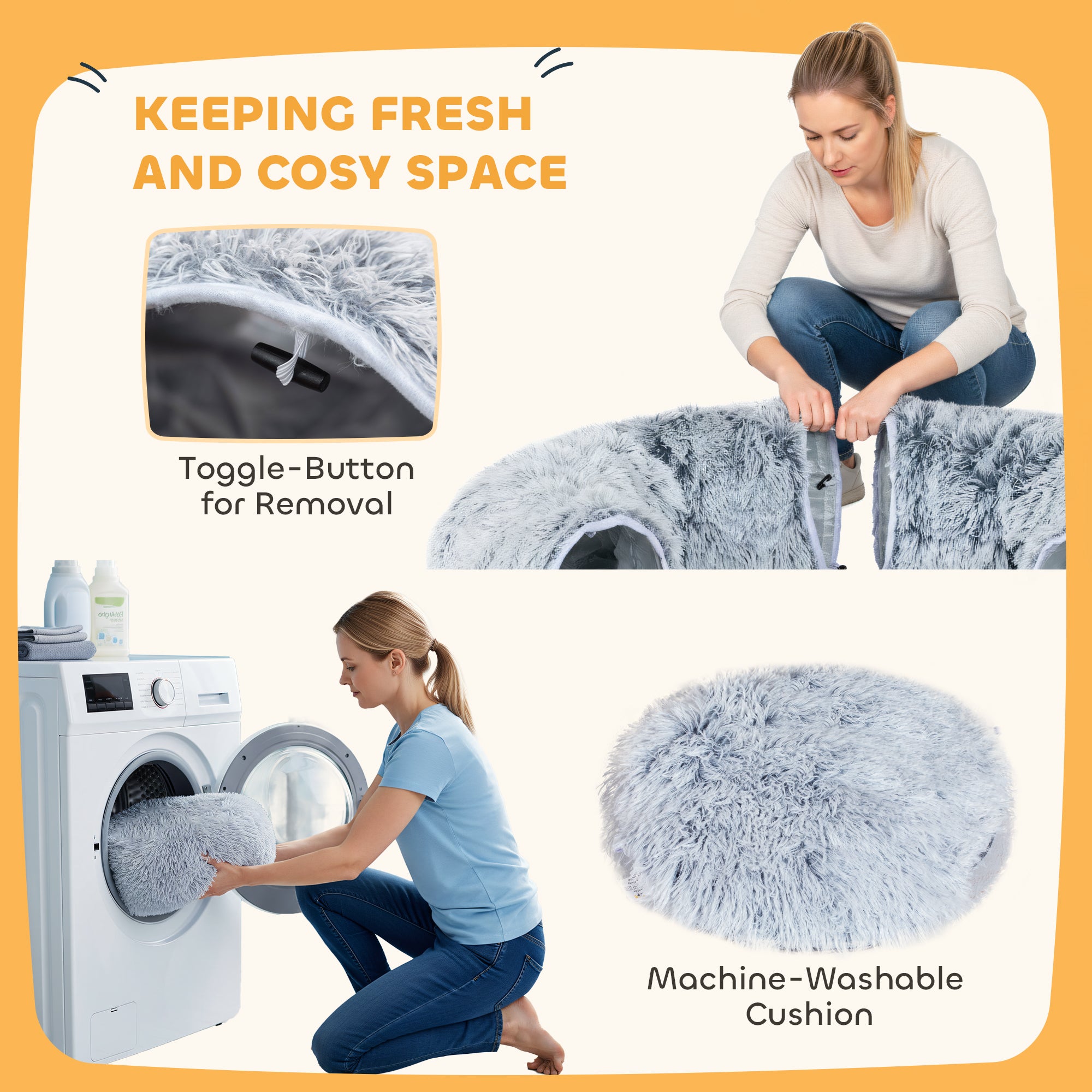 PawHut 2-in-1 Donut Cat Tunnel with Washable Bed, Play Tunnel Bed with Toy Ball and Door Hole for Indoor Cats, Light Grey