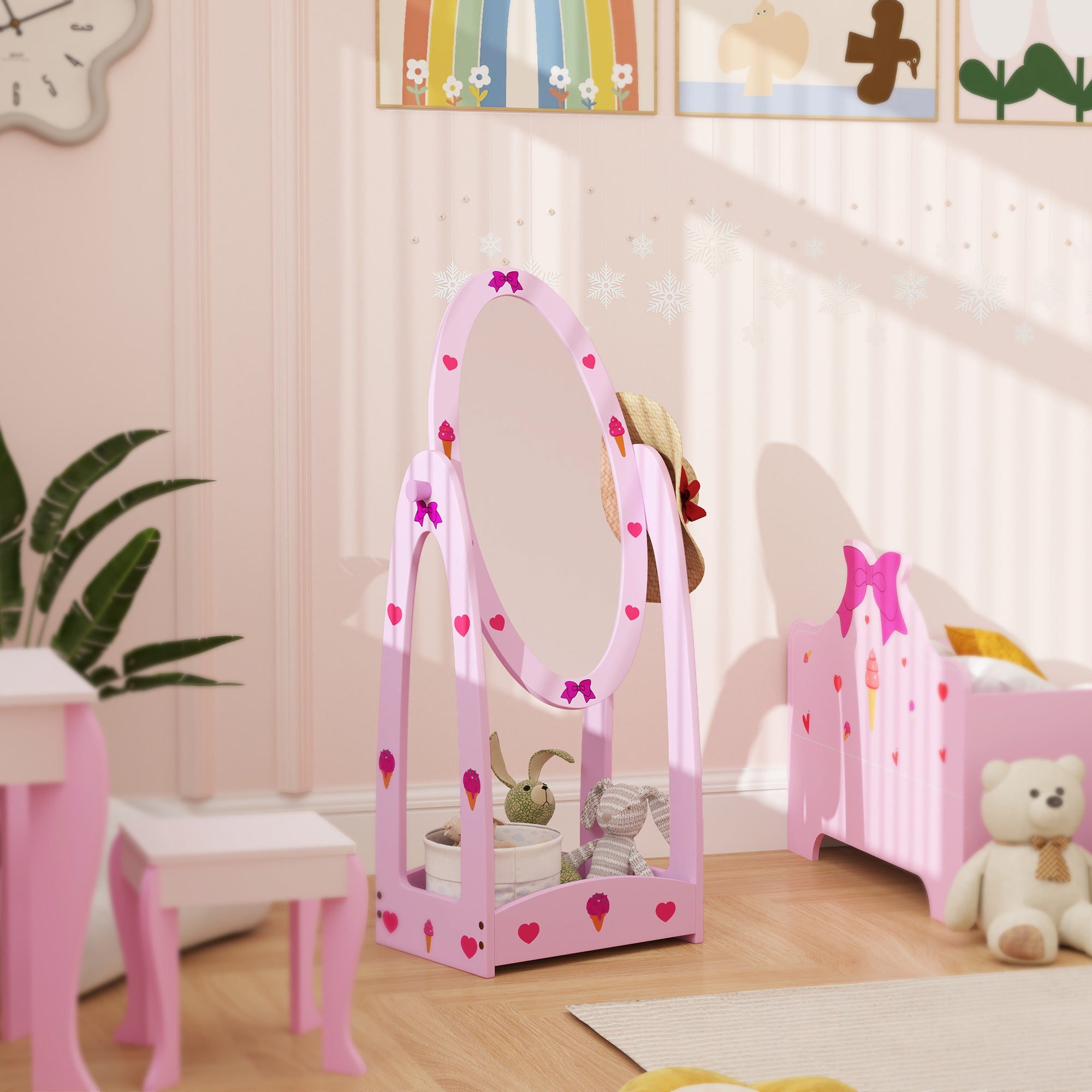 AIYAPLAY Kids Full Length Mirror, 360\'c2\'b0 Rotating Children Standing Mirror with Storage Shelf, Hot Pink
