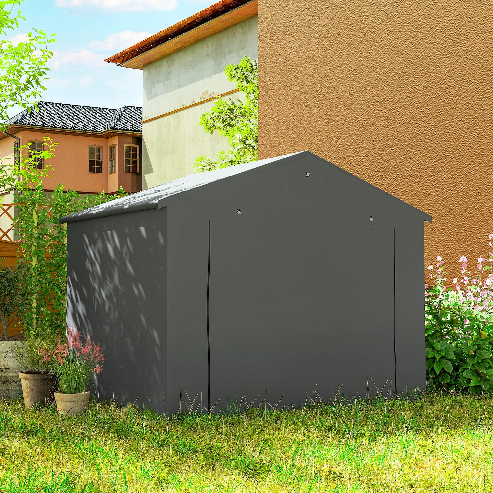 Outsunny 8 x 6 ft Outdoor Garden Storage Shed, Waterproof Bike Tent with Roll-Up Zipper Door, Dark Grey