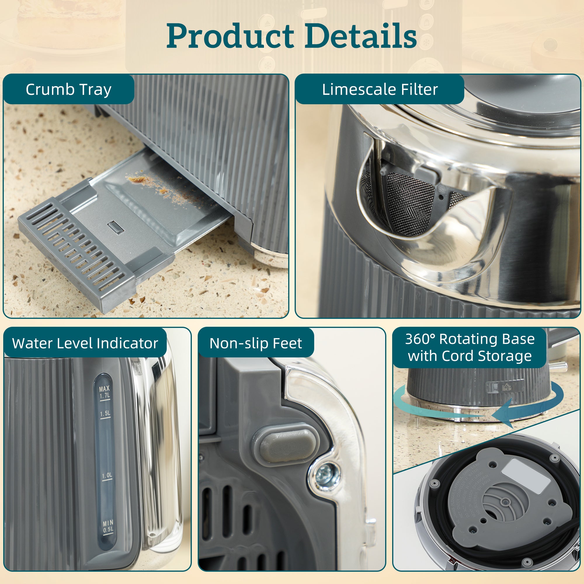 HOMCOM Electric Stainless Steel Kettle and Toaster Set, 3000W 1.7L UK Strix Thermostat Fast Boil Kettle w/ Limescale Filter, Cool Touch Body, 4 Slice Toaster with 7 Browning Levels, Crumb Tray, Grey