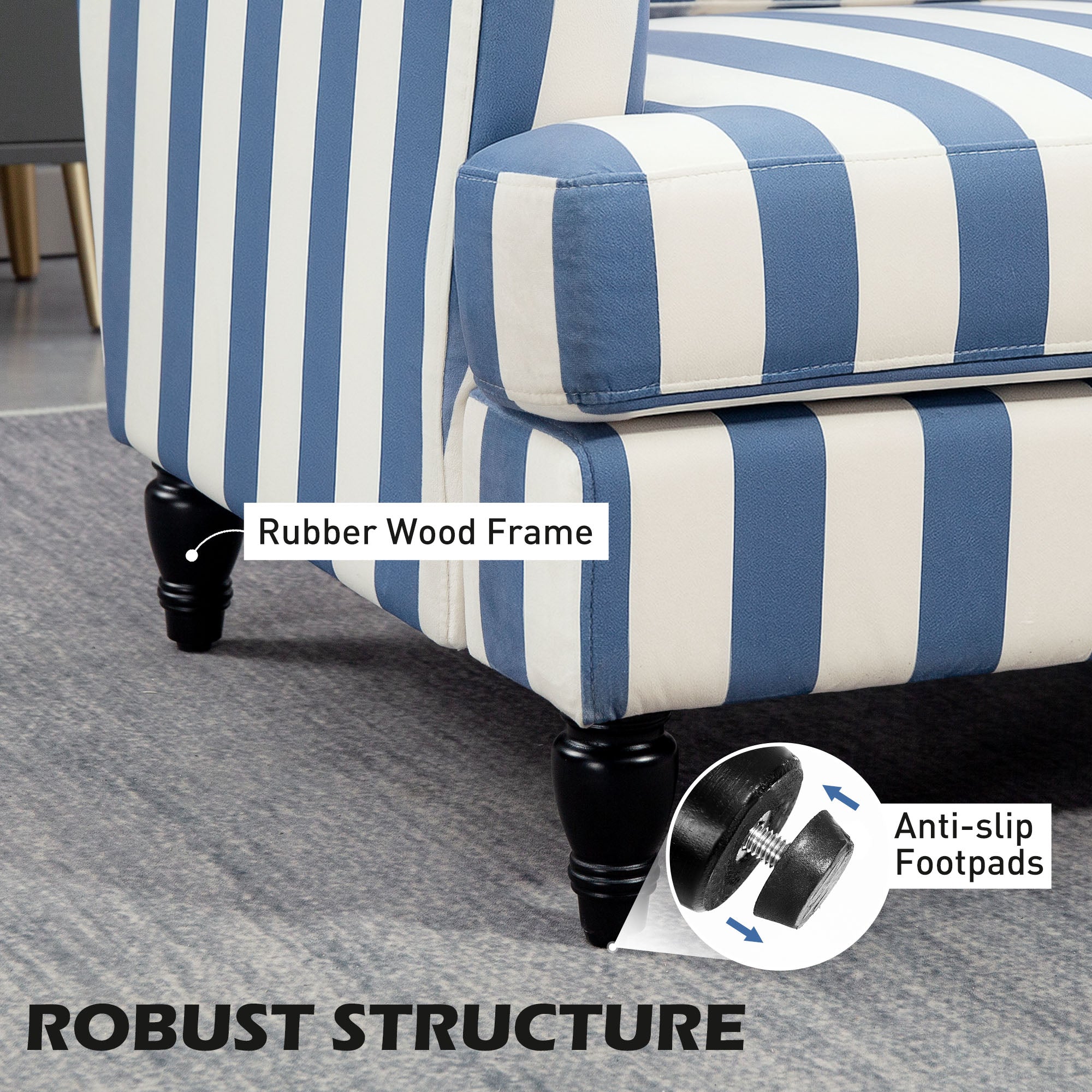 HOMCOM Modern Accent Chair, Velvet Armchair with Stripe, Turned Legs and Wide Seat, Upholstered Snuggle Chair for Living Room, Bedroom, Blue and White