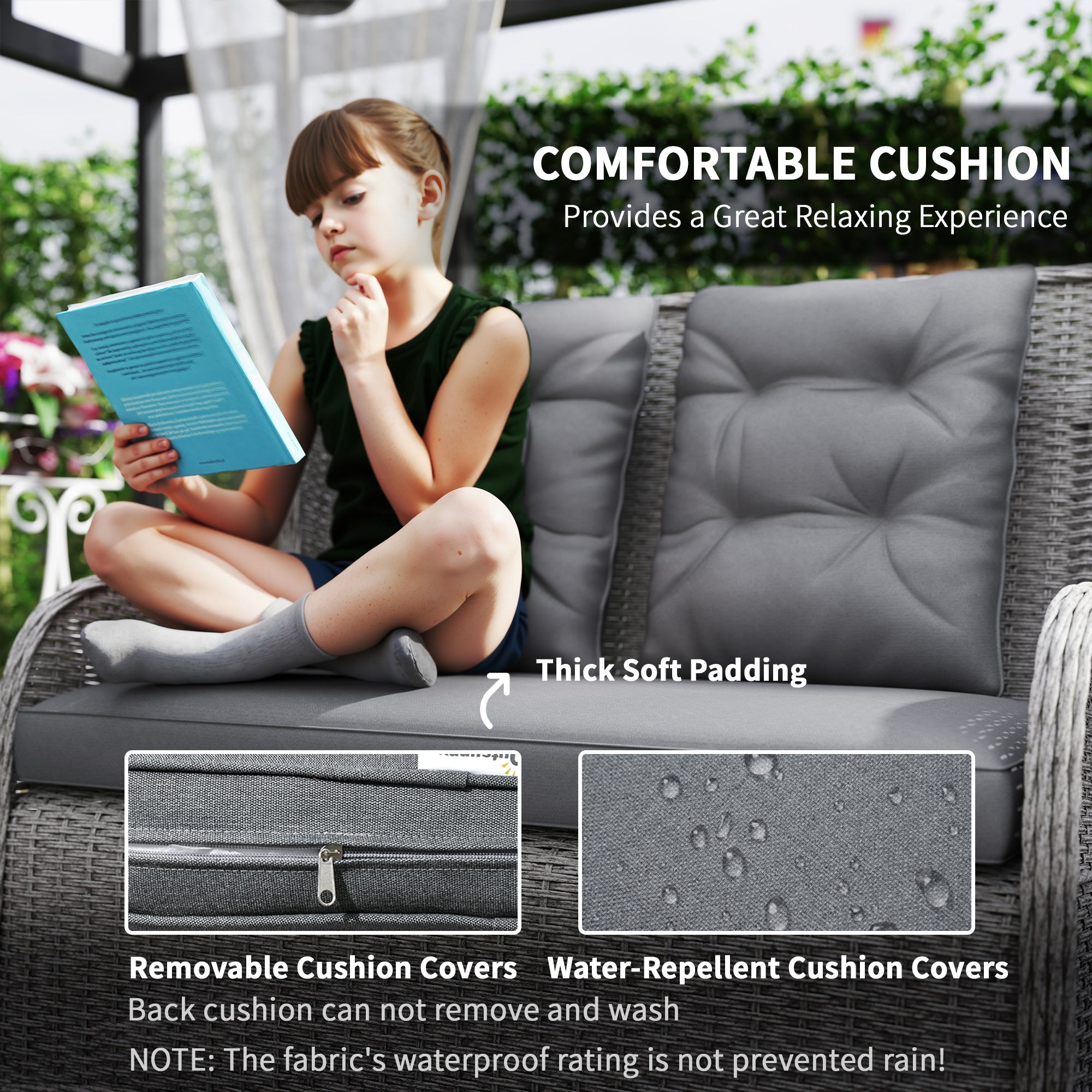 Outsunny Garden PE Rattan Dining Sofa Set, Outdoor 4 Seater Wicker Furniture, High Back Chairs with Cushions, Tempered Glass Coffee Table for Patio, Light Grey