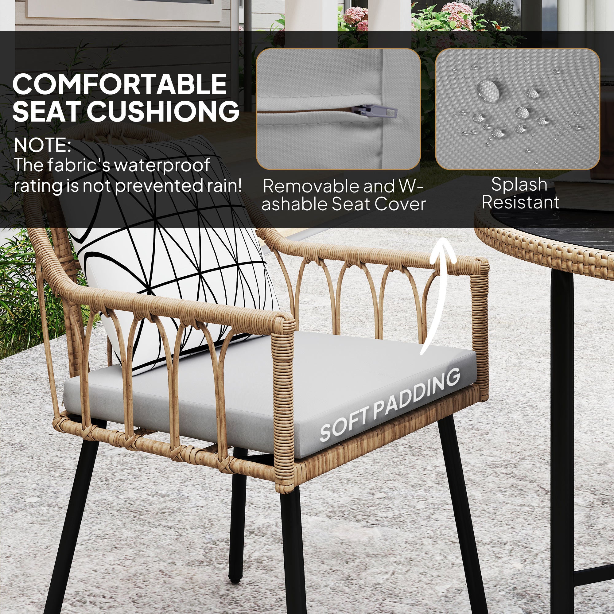 Outsunny 5 Piece Patio Rattan Dining Set, Wicker Garden Table and Chairs w/ Removable Seat & Back Cushions, Round Tempered Glass Tabletop, Parasol Hole, Outdoor Furniture Conservatory Set, Light Brown