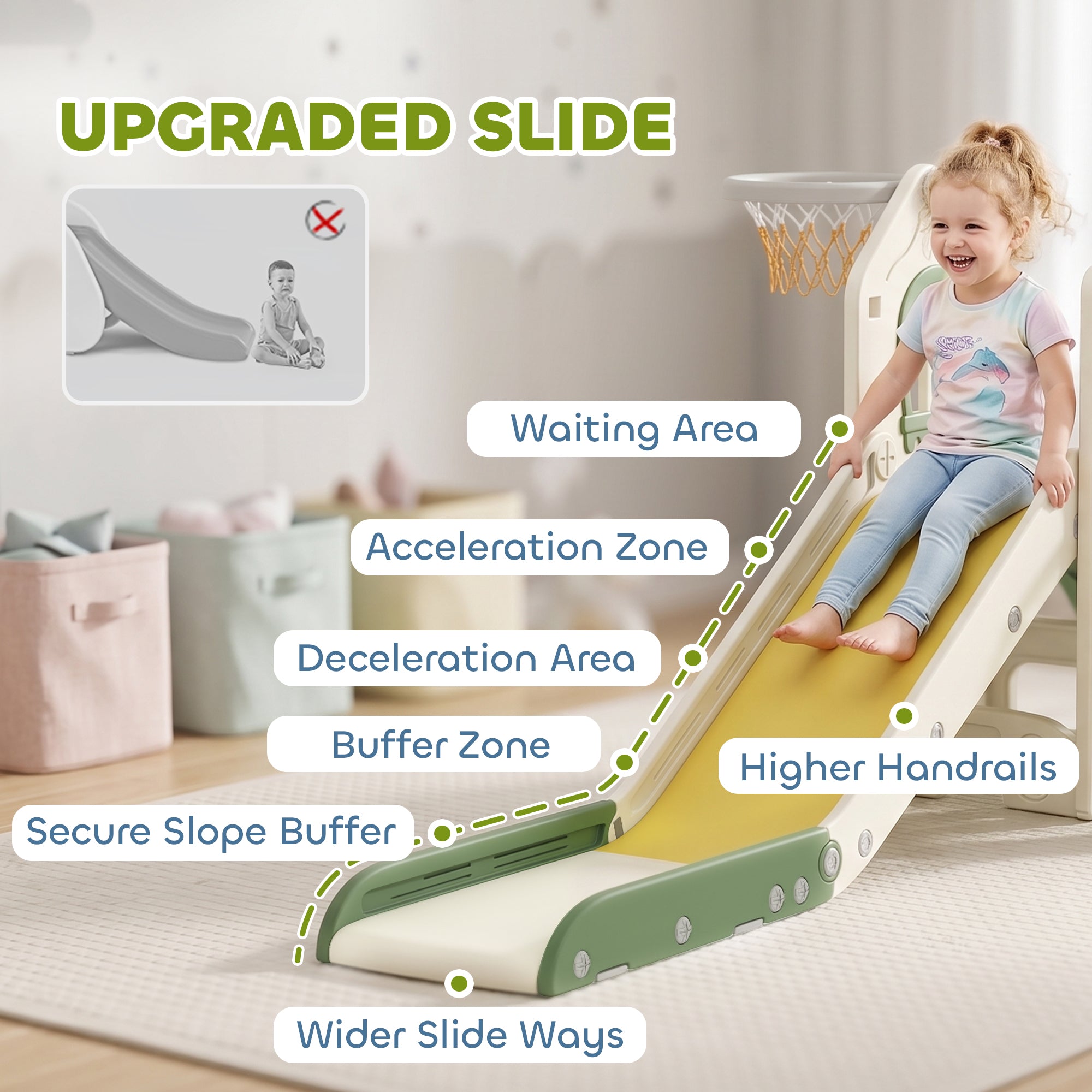 AIYAPLAY Foldable 4 in 1 Toddler Slide with Climber, Basketball Hoop, Storage Space and Basketball for Ages 1-3 Years, Cream