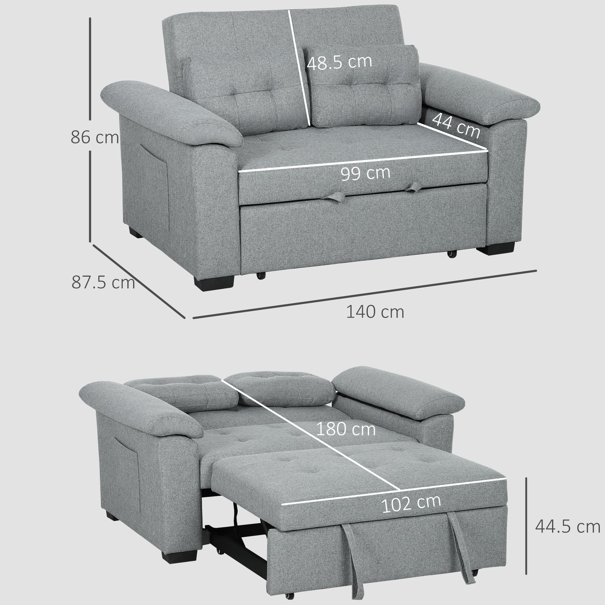 HOMCOM Pull Out Sofa Bed with 2 Pocket Springs, Fabric 2 Seater Click Clack Sofa Bed Settee, Convertible Sofa Couch with Pillows and Side Pockets for Living Room, Home Office, Light Grey