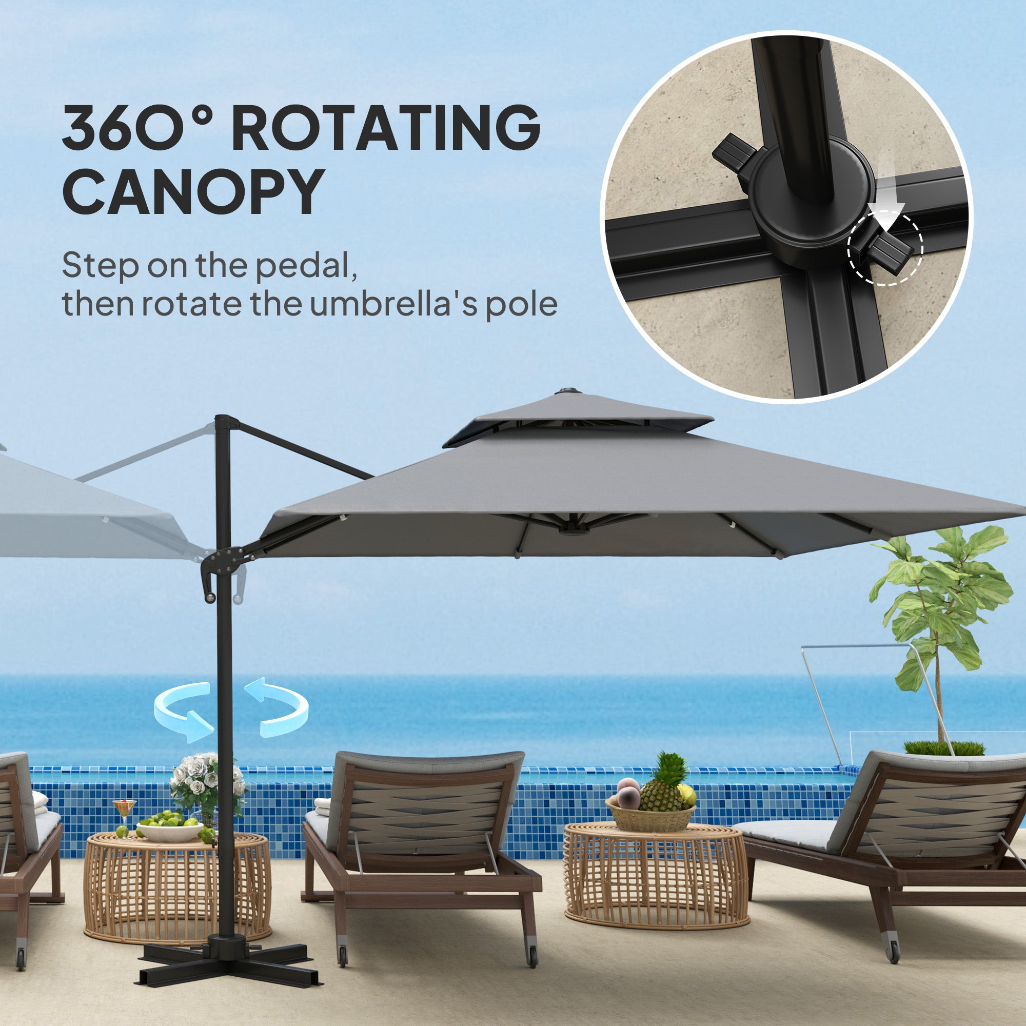 Outsunny 3 x 3(m) Cantilever Parasol with Aluminium Frame, Crank and Tilt, 360\'c2\'b0 Rotation, Double Top Garden Umbrella with Base and Cover, Light Grey
