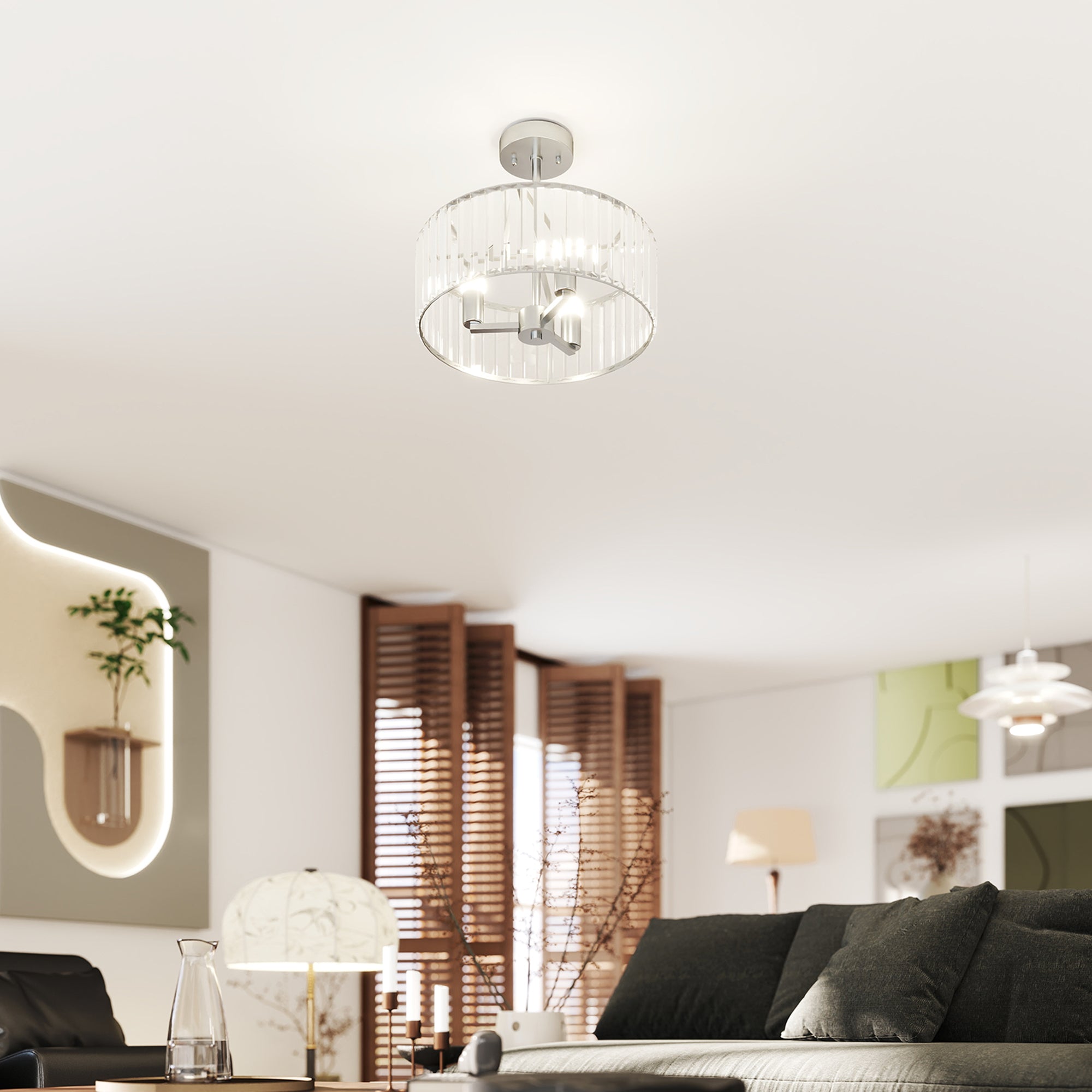 HOMCOM Crystal Ceiling Light Fixture, Semi Flush Mount Modern Crystal Chandelier Ceiling Light for Living Room, Bedroom, Hallway,  Dining Room, E14 Base 3-Lights, Silver Tone