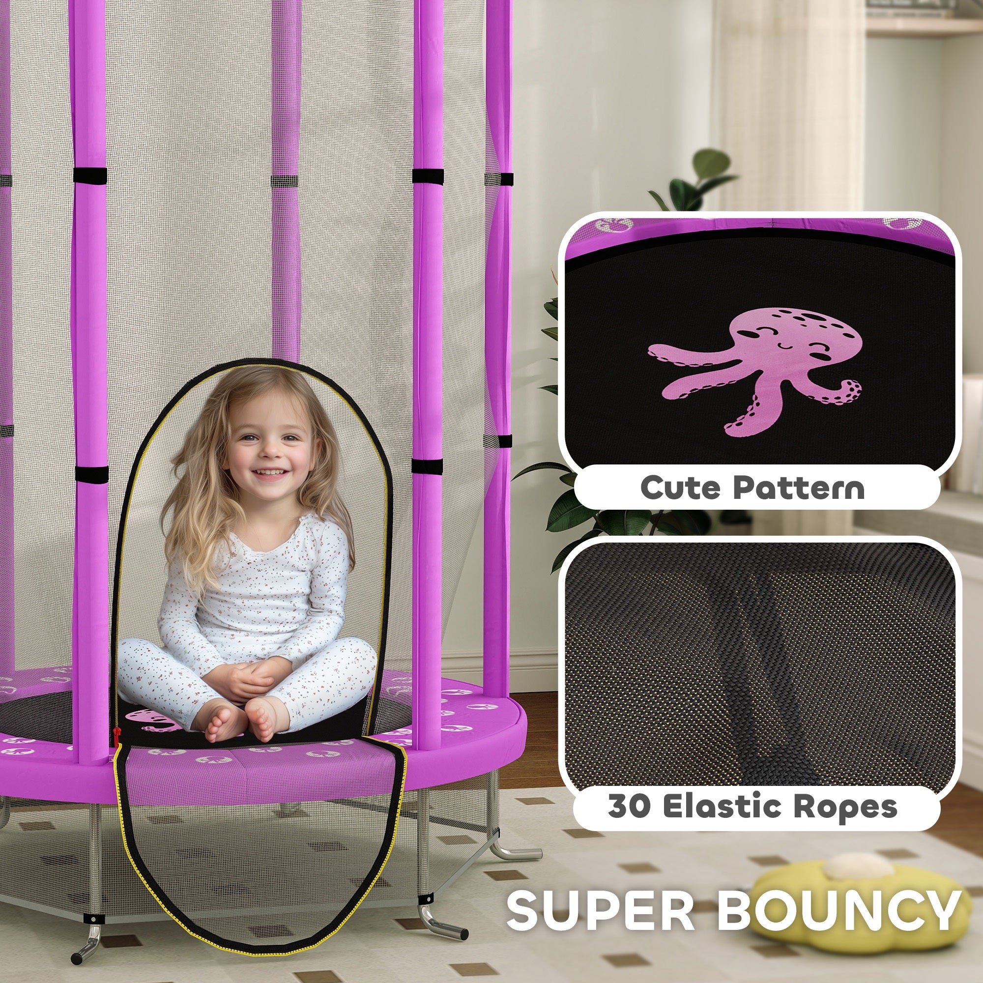 AIYAPLAY 4.6ft Toddler Trampoline w/ Safety Enclosure Net, for Indoor Outdoor Use, Ages 3-6 Years, Purple