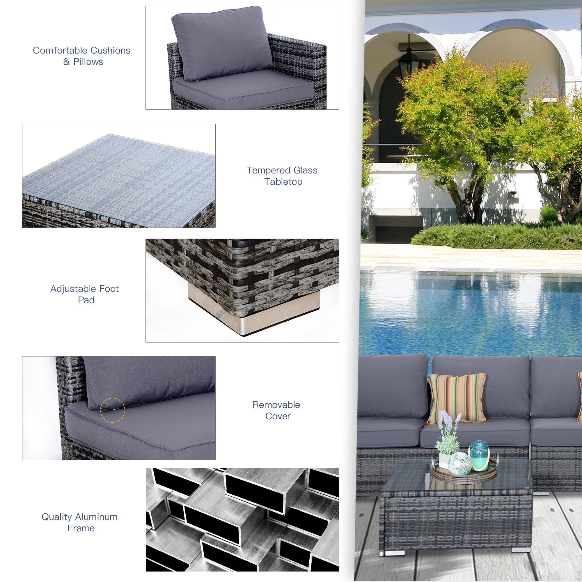 Outsunny 4 Pieces Rattan Garden Furniture Set, Wicker Outdoor Furniture Set with Corner Sofa Loveseat Coffee Table Cushions, Conservatory Furniture Set for Patio Balcony Poolside, Grey
