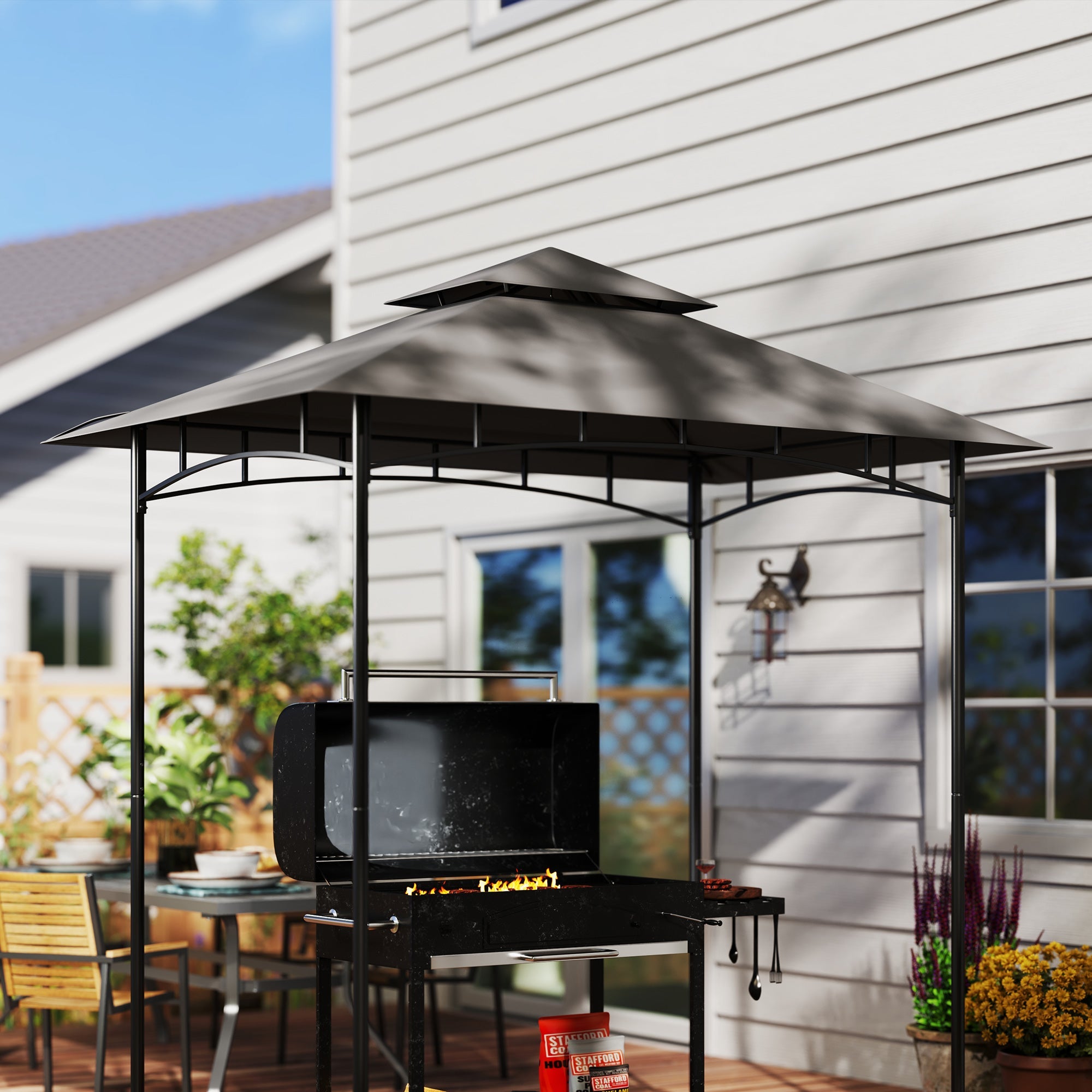 Outsunny Grill Gazebo Replacement Canopy Roof for 1.5 x 2.4m Frame, UPF50+ Protection, Double Tiered 5' x 8' Outdoor BBQ Gazebo Cover Replacement, TOP COVER ONLY, Dark Grey
