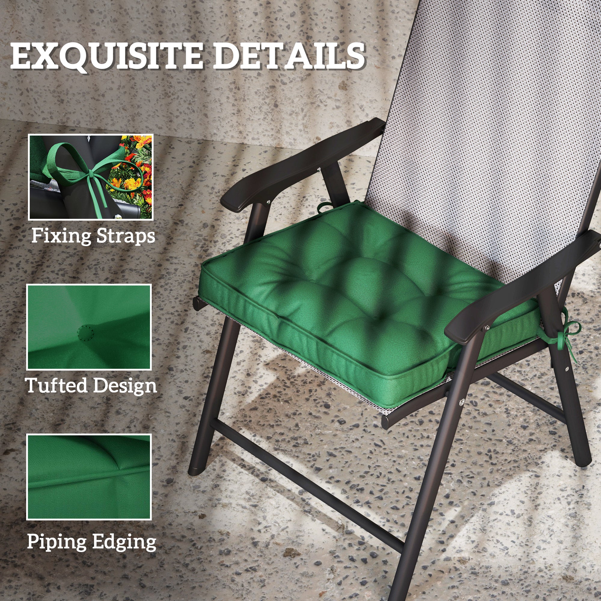 Outsunny Set of 4 Garden Seat Cushion with Ties, 42 x 42cm Replacement Dining Chair Seat Pad, Green