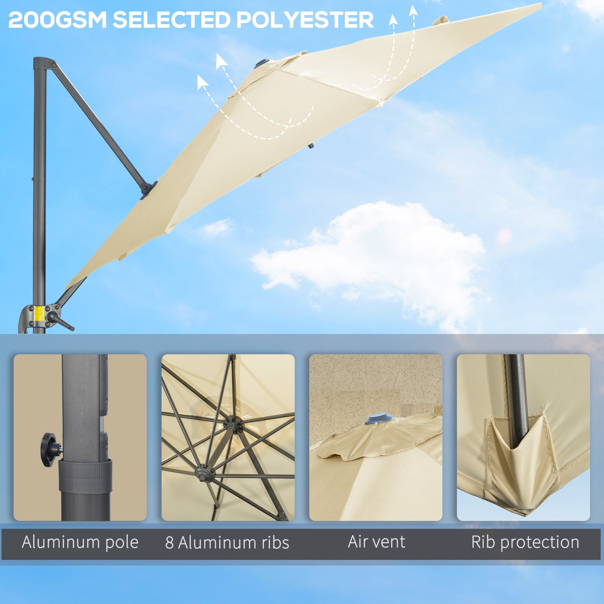 Outsunny 3 x 3(m) Cantilever Parasol with Cross Base, Garden Umbrella with 360\'c2\'b0 Rotation, Crank Handle and Tilt for Outdoor, Patio, Cream White