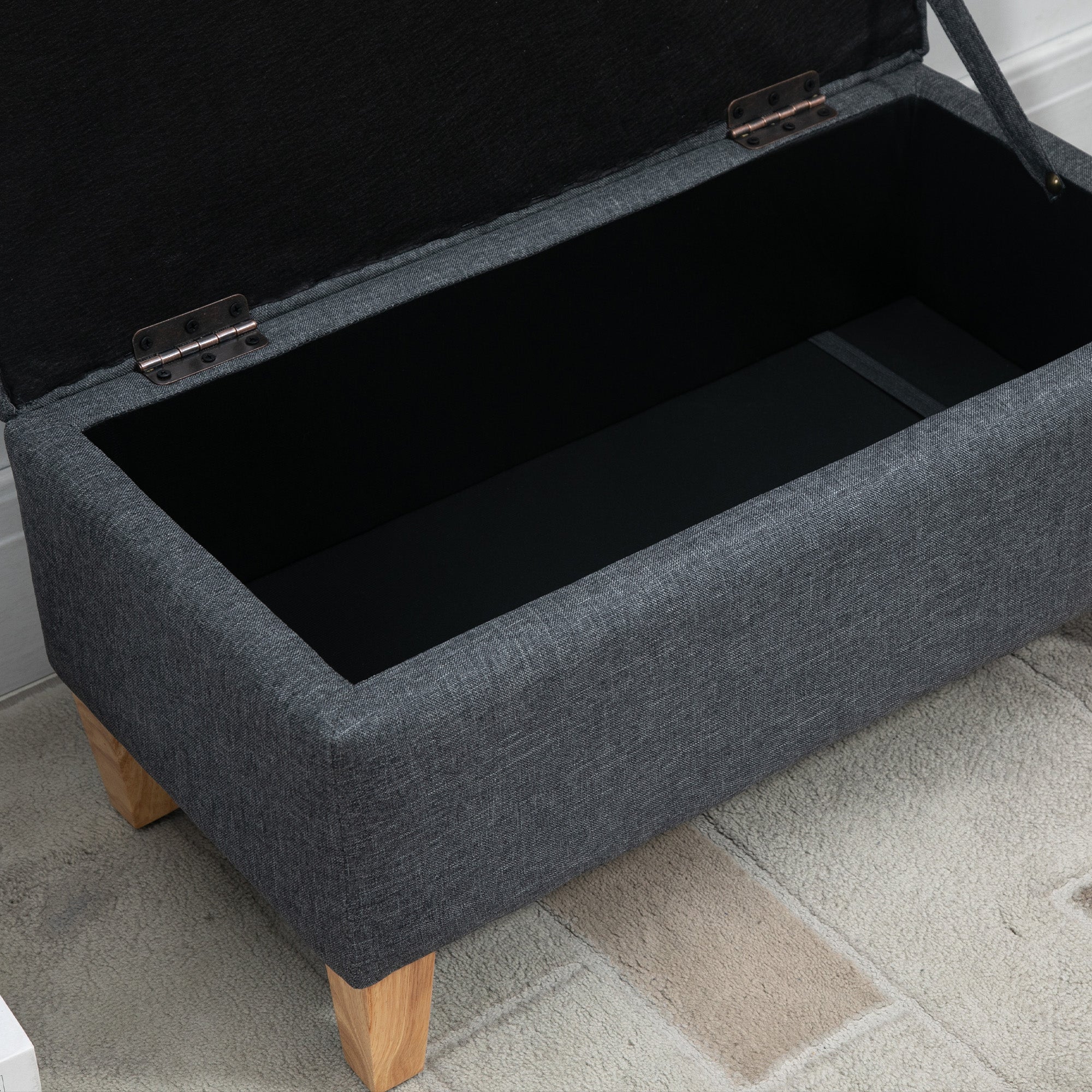 HOMCOM Linen Storage Ottoman Padded Footstool with Rubberwood Legs for Storage Box, Bed End, Shoe Bench, Seating, Dark Grey