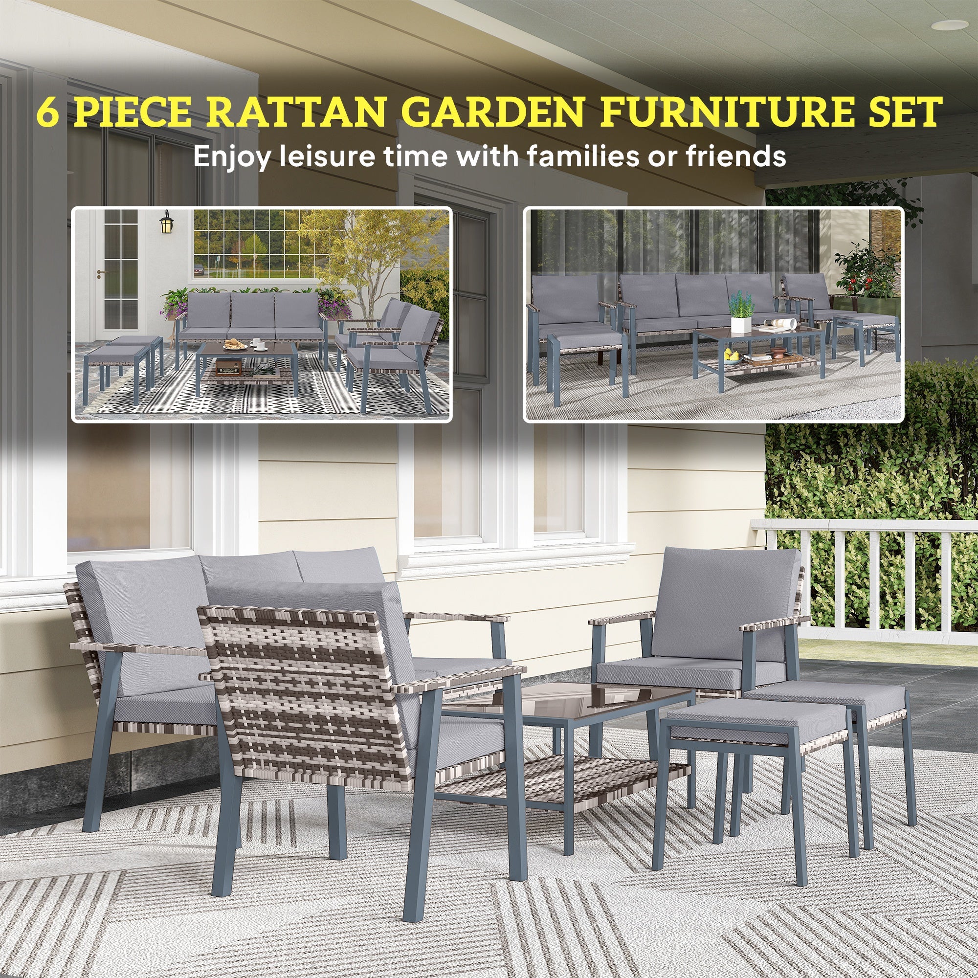 Outsunny Six-Piece Rattan Garden Sofa Set - Grey