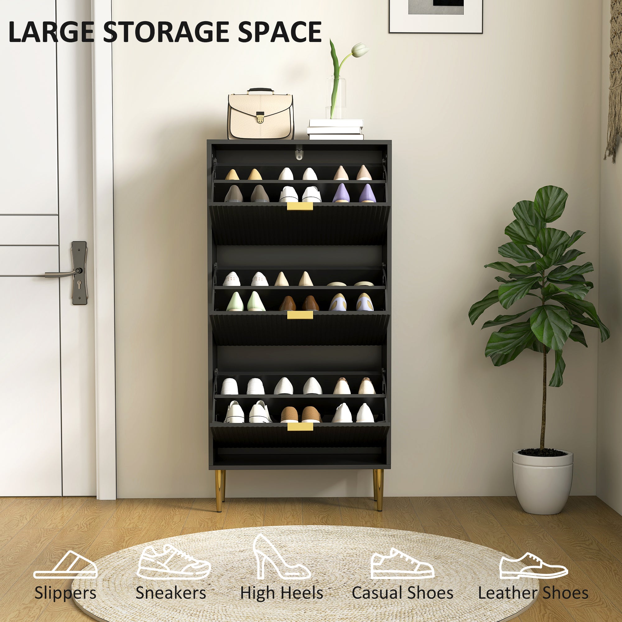 HOMCOM Narrow Shoe Cabinet with 3 Flip Drawers - Black