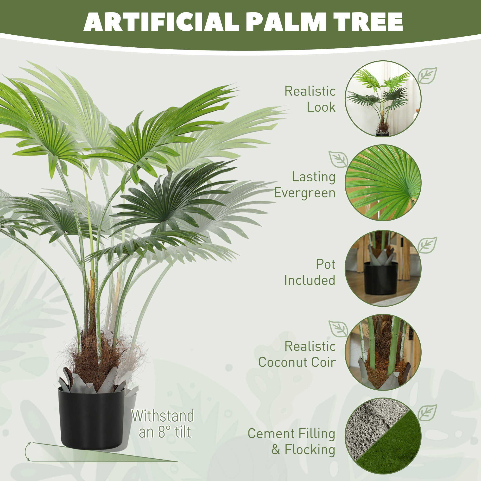 HOMCOM 94cm Artificial Palm Tree, Decorative Artificial Plant with Lifelike PEVA Leaves and Coconut Coir, Fake Tree with Plastic Pot and Flocking for Home Office Decor, Green
