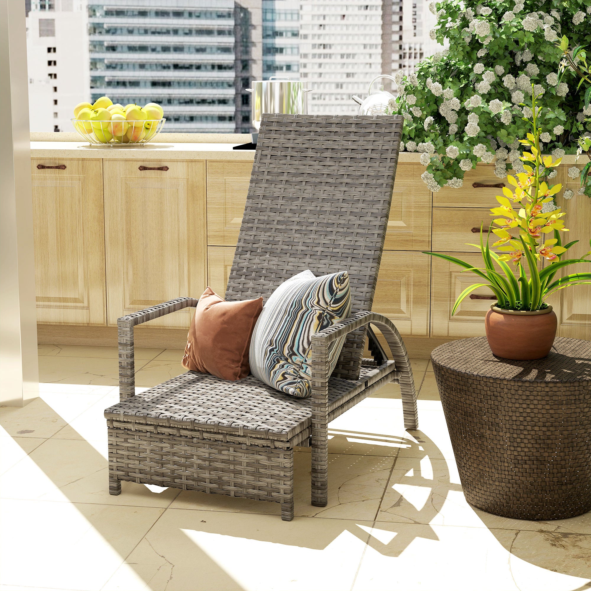 Outsunny PE Rattan Sun Lounger with Adjustable Backrest - Mixed-grey