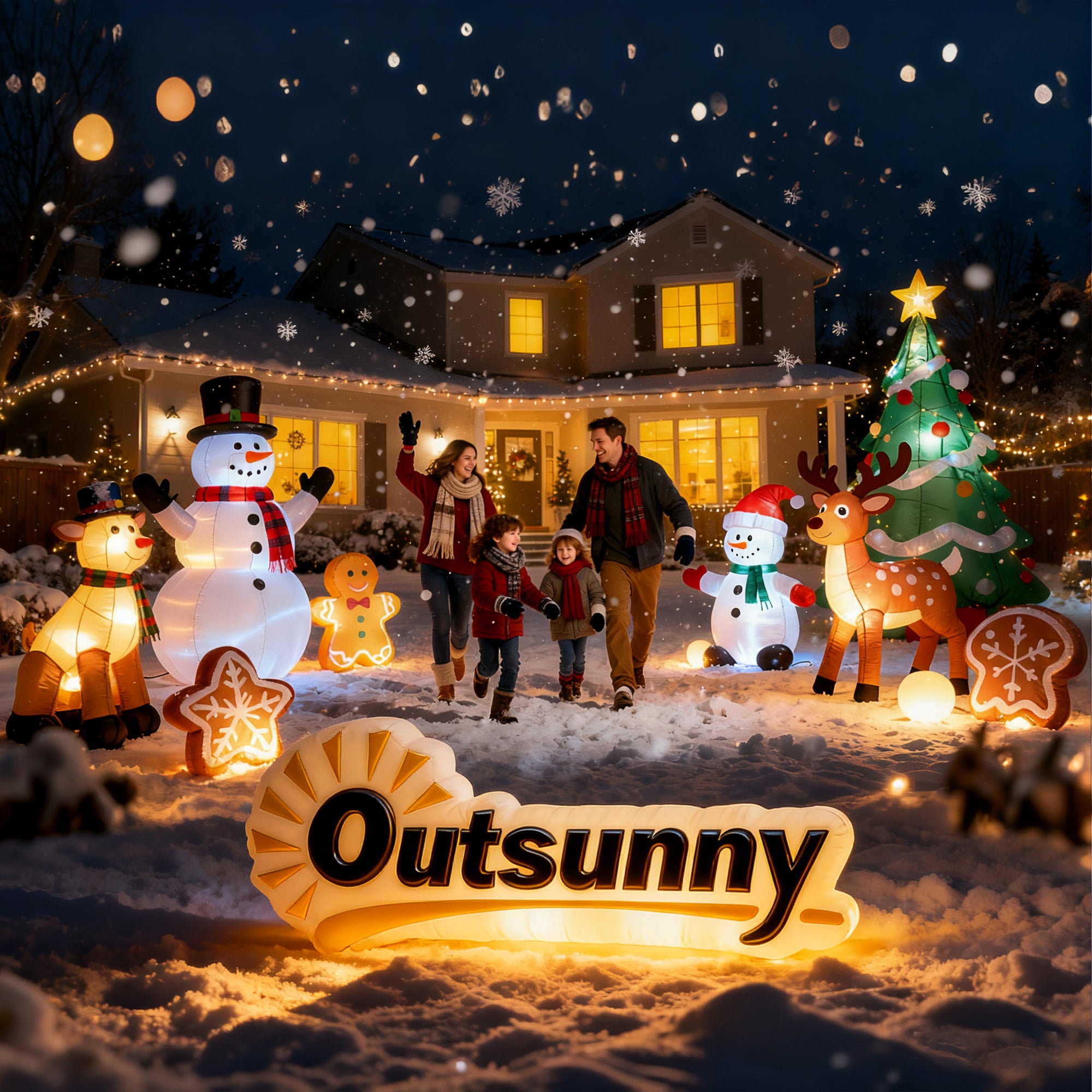 Outsunny 6FT Christmas Inflatables Snowman & Penguins with Built-in LED Lights and Flashing Projector Light, Blow Up Christmas Inflatable Decoration for Indoor Outdoor Decor, Garden